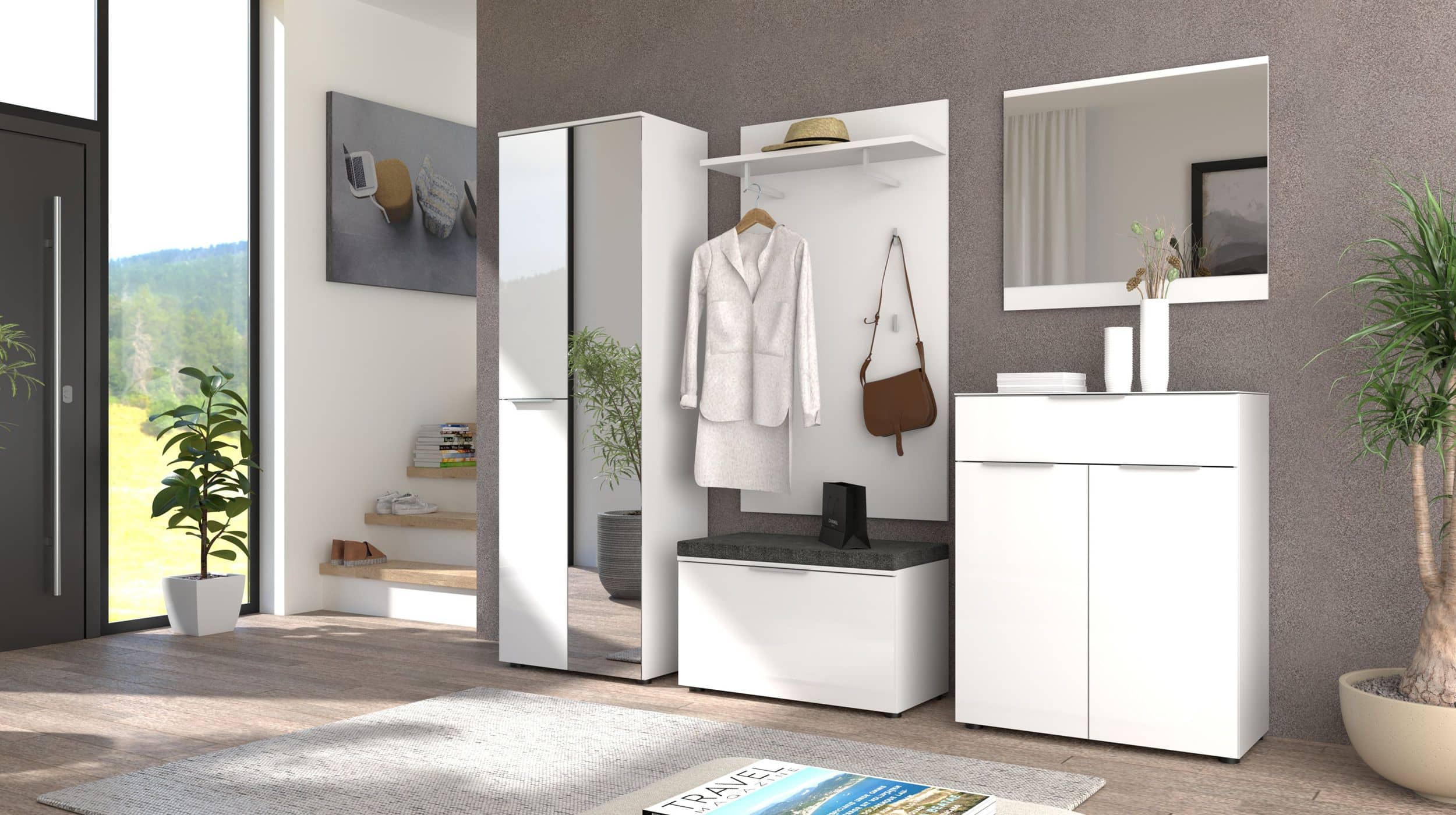 Garderoben-Set weiß Glasfront 255 x 196 cm - SANTORIN
