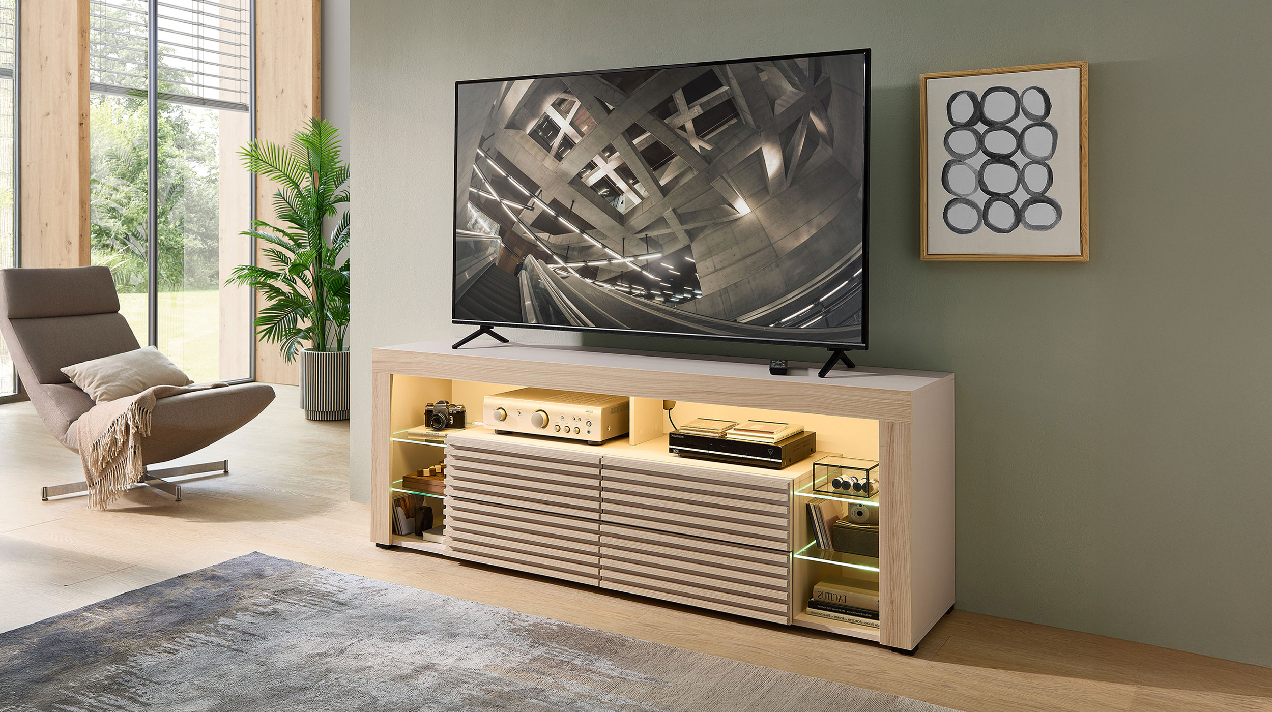 TV - Lowboard beige - Riva Eiche 179 cm - mit Beleuchtung - GOAL