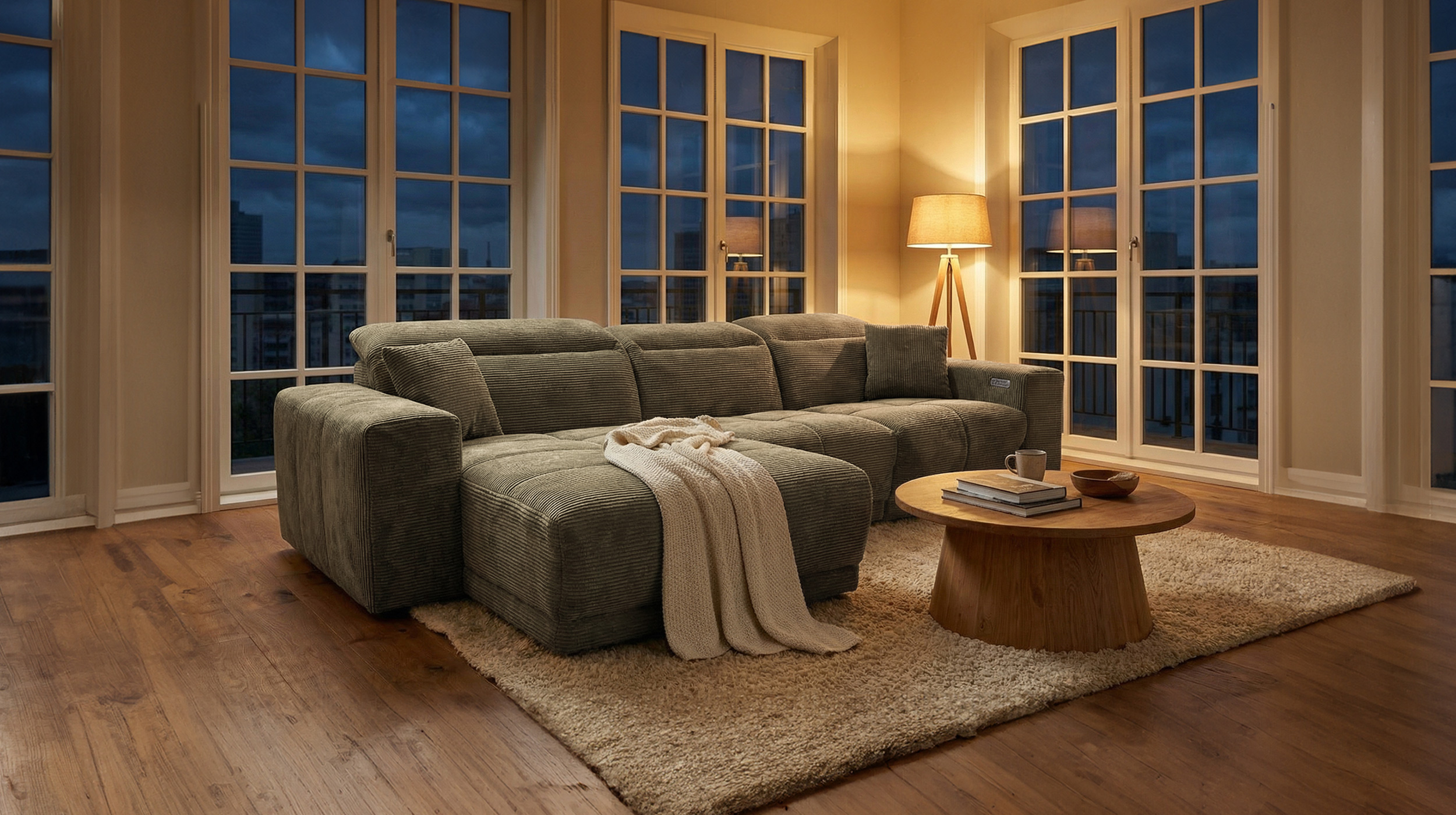 Ecksofa Cord grün 302 x 167 cm mit Relaxfunktion - OT links - TONI