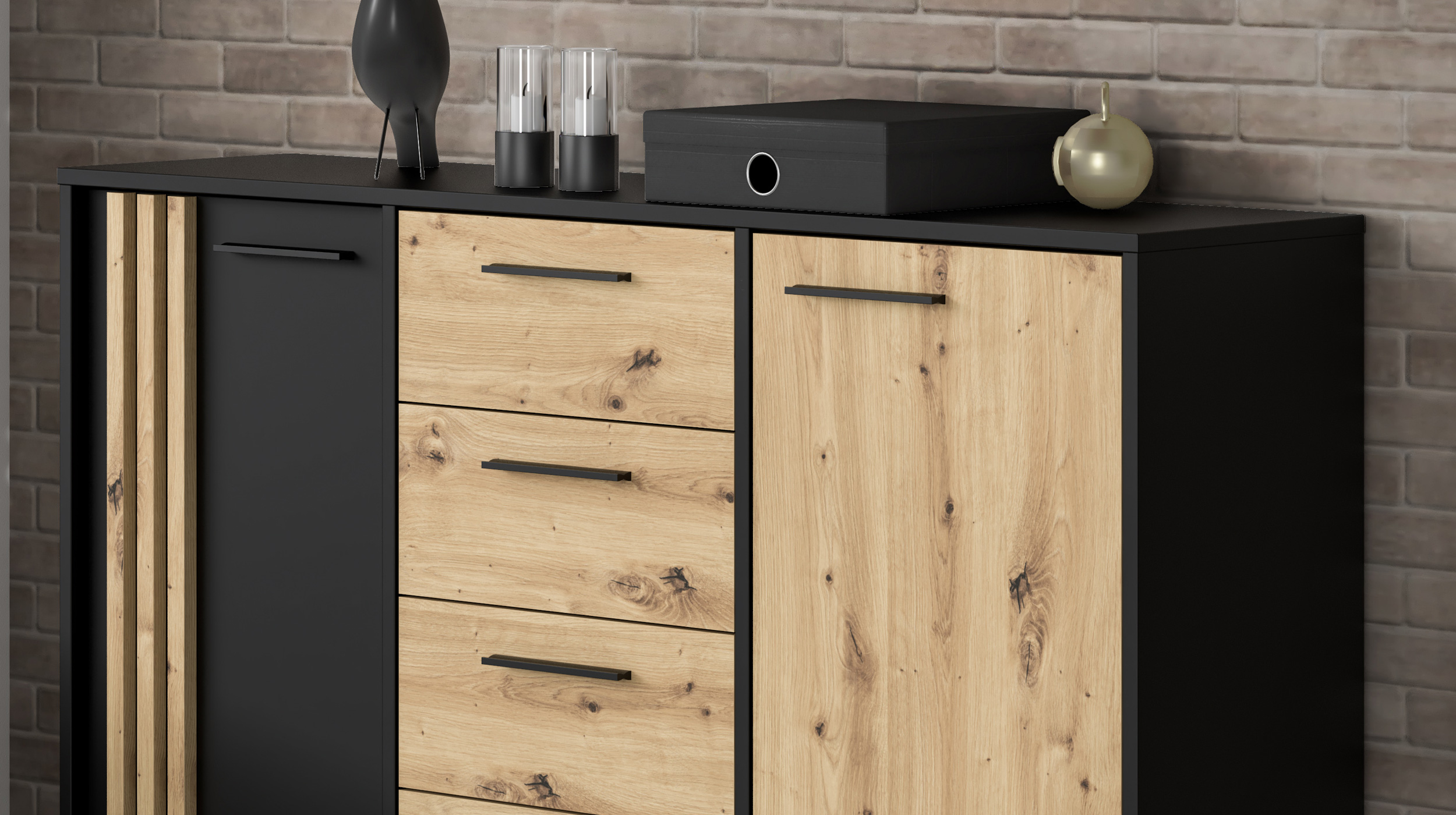 Kommode mit 4 Schubladen Artisan Eiche - schwarz 143 x 34 cm - CARDIGAN