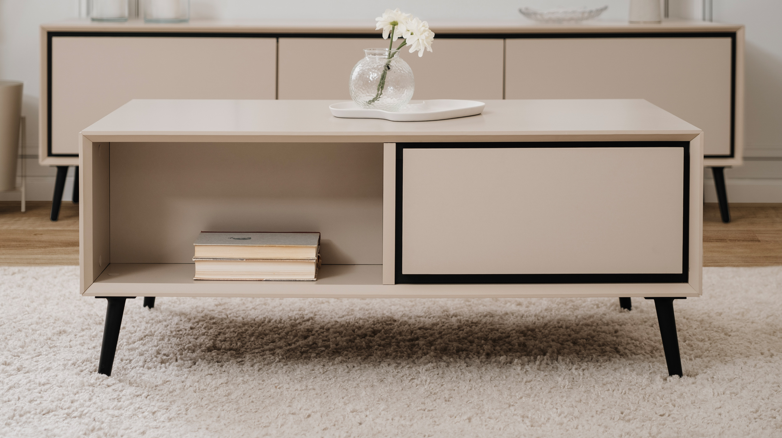 Couchtisch mit 2 Schubladen beige schwarz 94 x 55 cm - ARONA