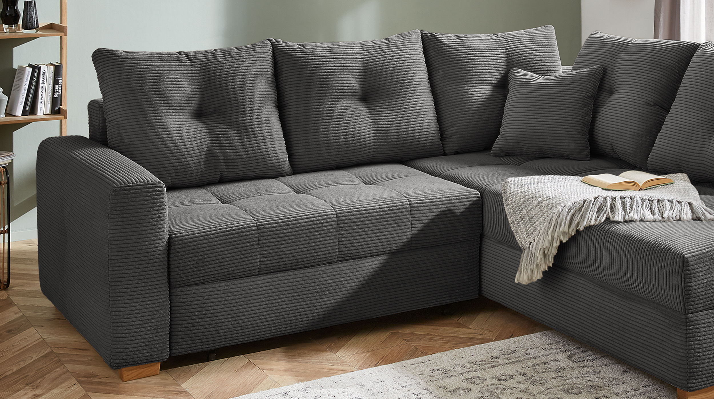 Ecksofa Cord dunkelgrau - Schlaffunktion Bettkasten 228 cm - HEIDELBERG