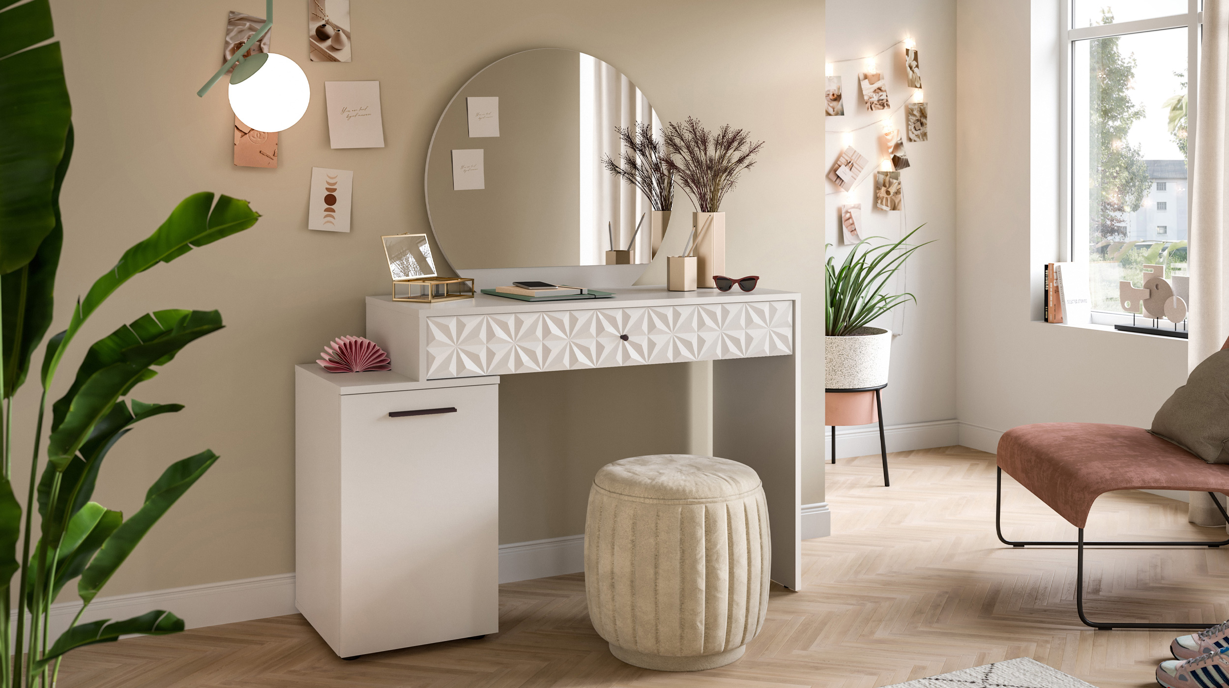 Schminktisch weiß hochglanz 117 cm - mit Spiegel - PRISMA