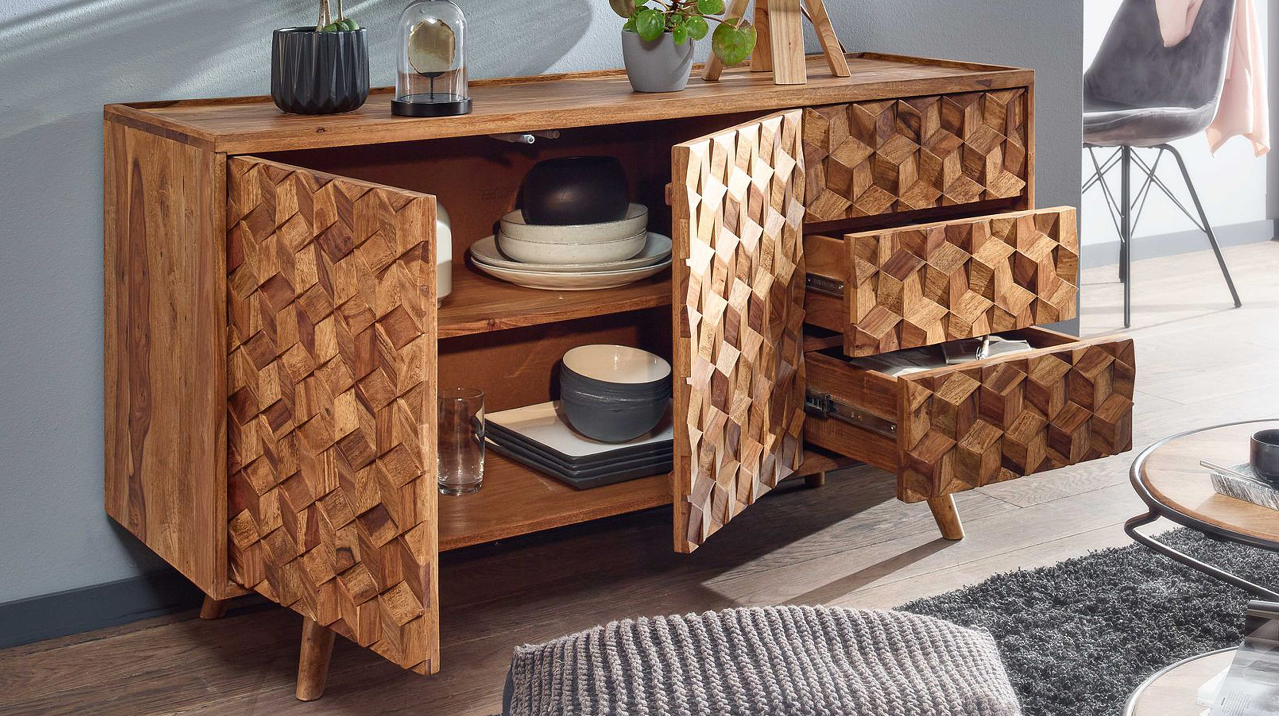 Sideboard mit 3 Schubladen Sheesham massiv gebeizt 138 cm - SUNE