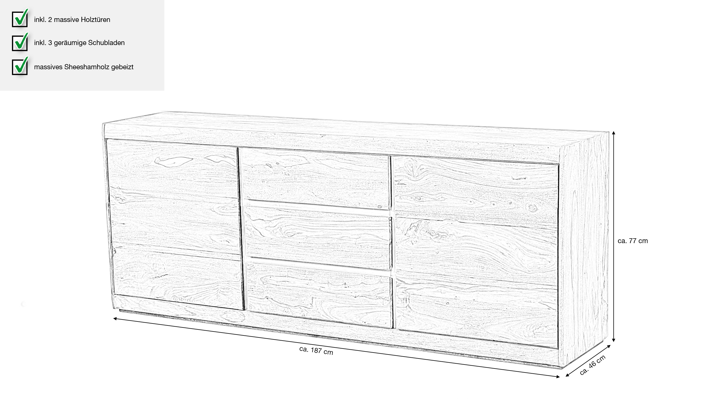 Sideboard Sheesham massiv gebeizt 187 cm - SENSO