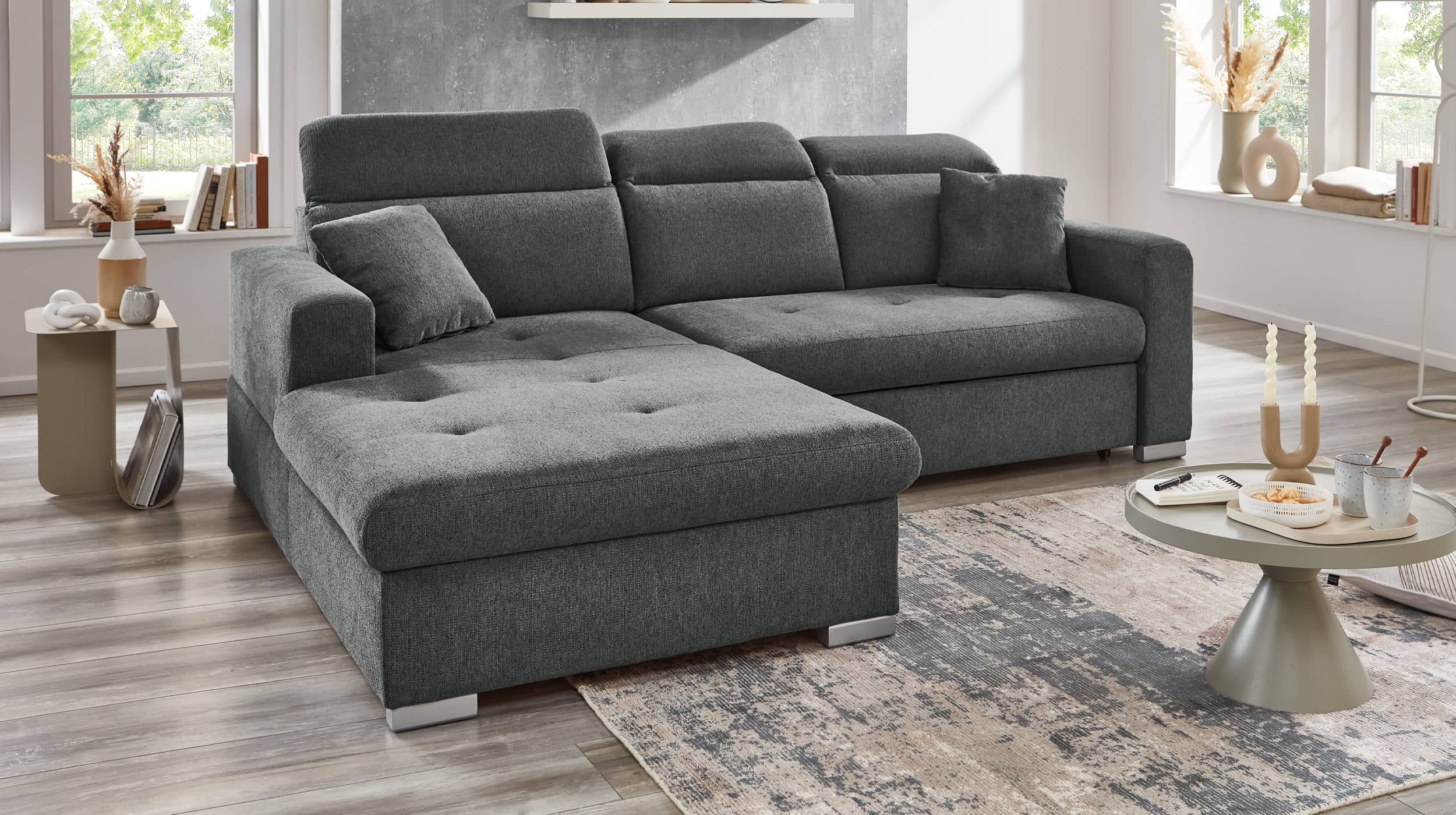 Ecksofa mit Schlaffunktion grau Bettkasten 244 cm - SIGNUM