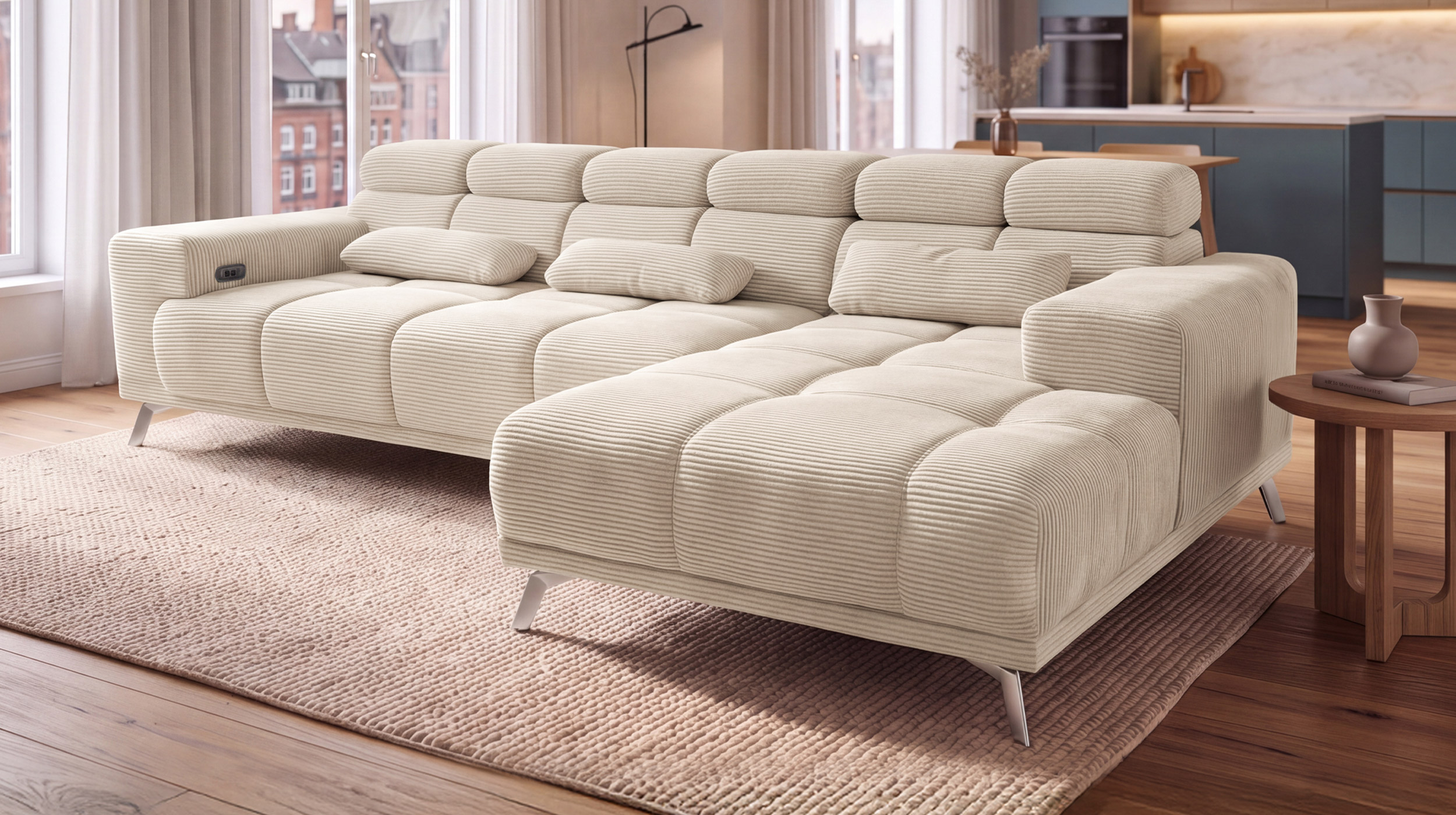 Ecksofa Cord beige elektrisch ausfahrbar 285 cm - OT rechts - SPEED