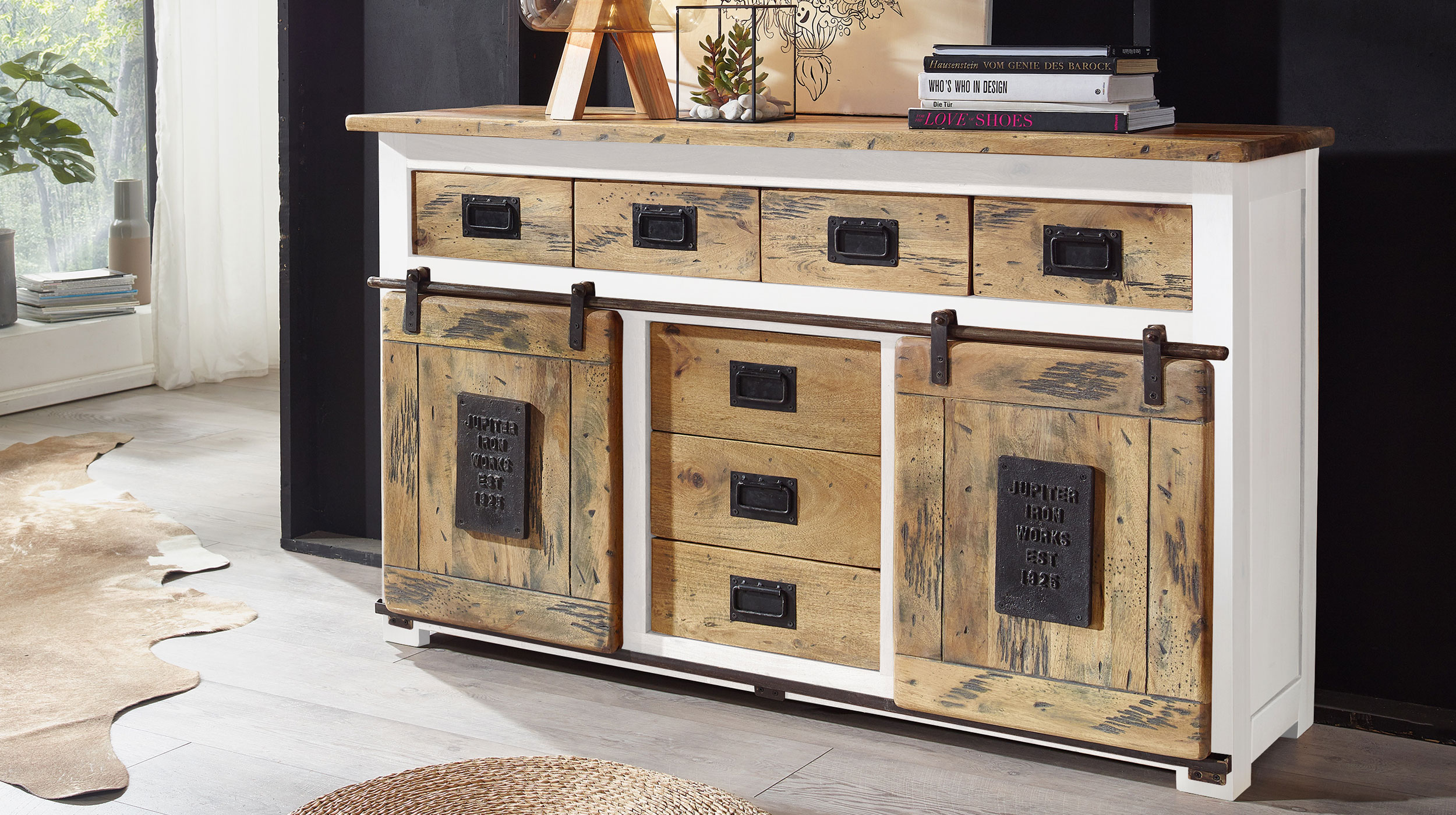 Sideboard mit 2 Rolltüren Mango massiv weiß 150 cm - EMANUEL