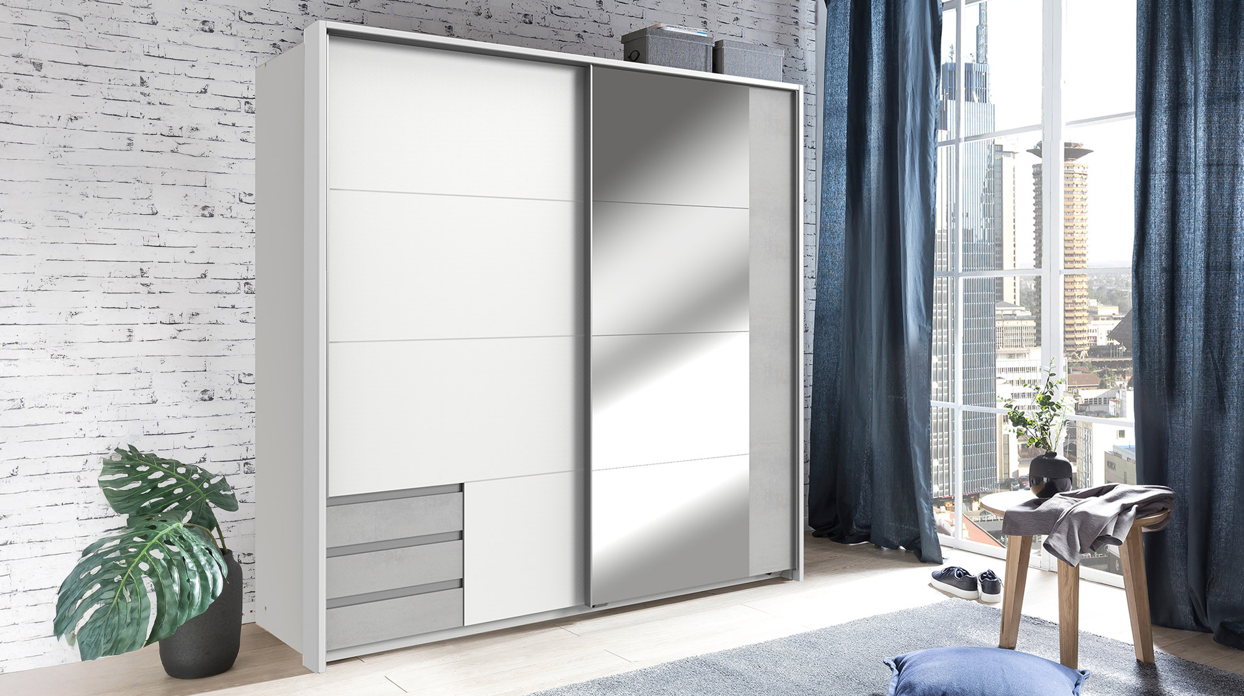 Schwebetürenschrank mit Spiegel weiß - Betonoptik 180 cm - EMDEN