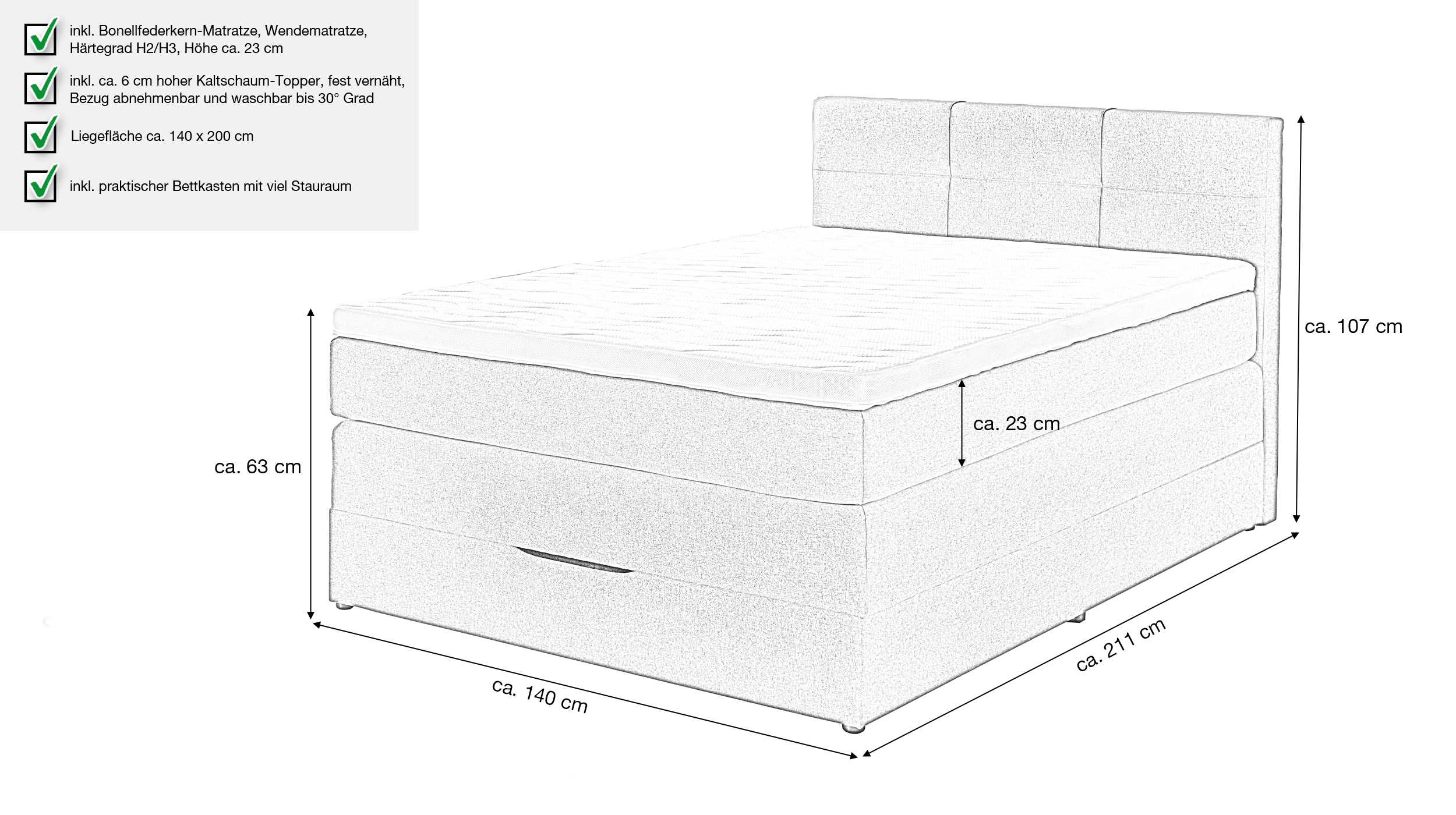 Boxspringbett 140 x 200 cm Bettkasten anthrazit Stoffbezug - KREMS