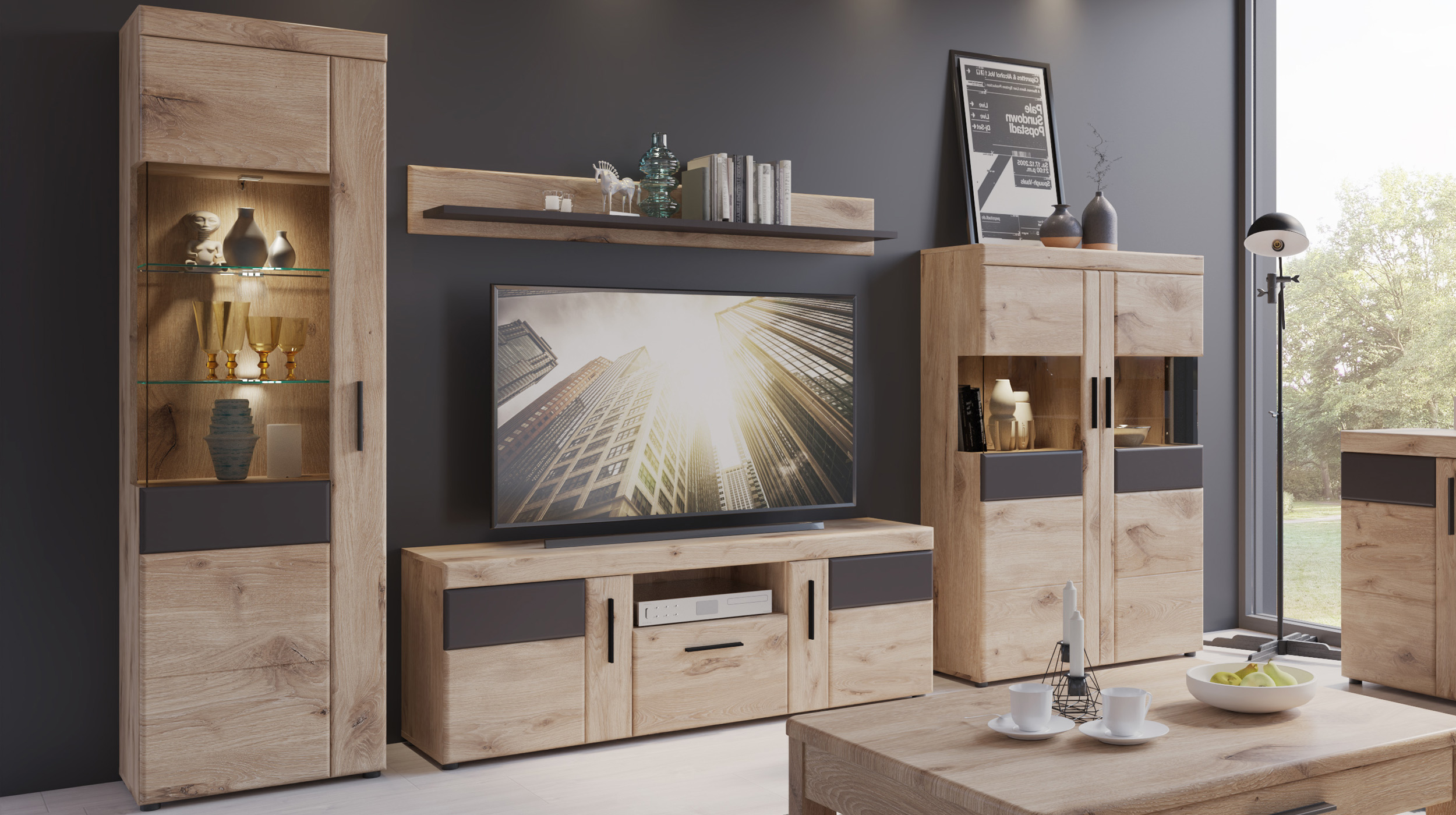 Vitrine mit Glastür Viking Eiche - grau - Breite 58 cm - GRANO