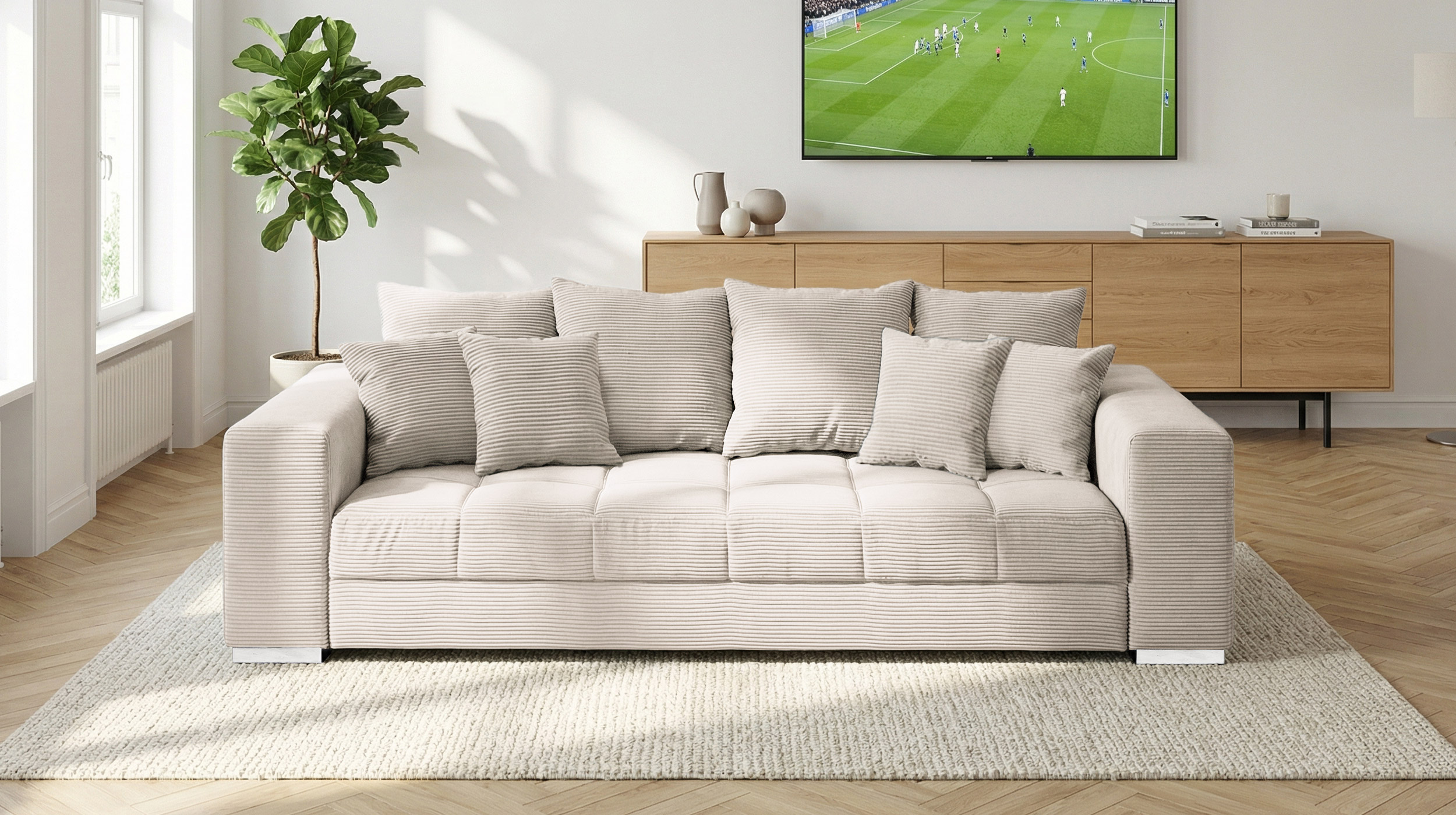 Big Sofa Cord beige - 254 cm - mit Nosagunterfederung - BORNEO