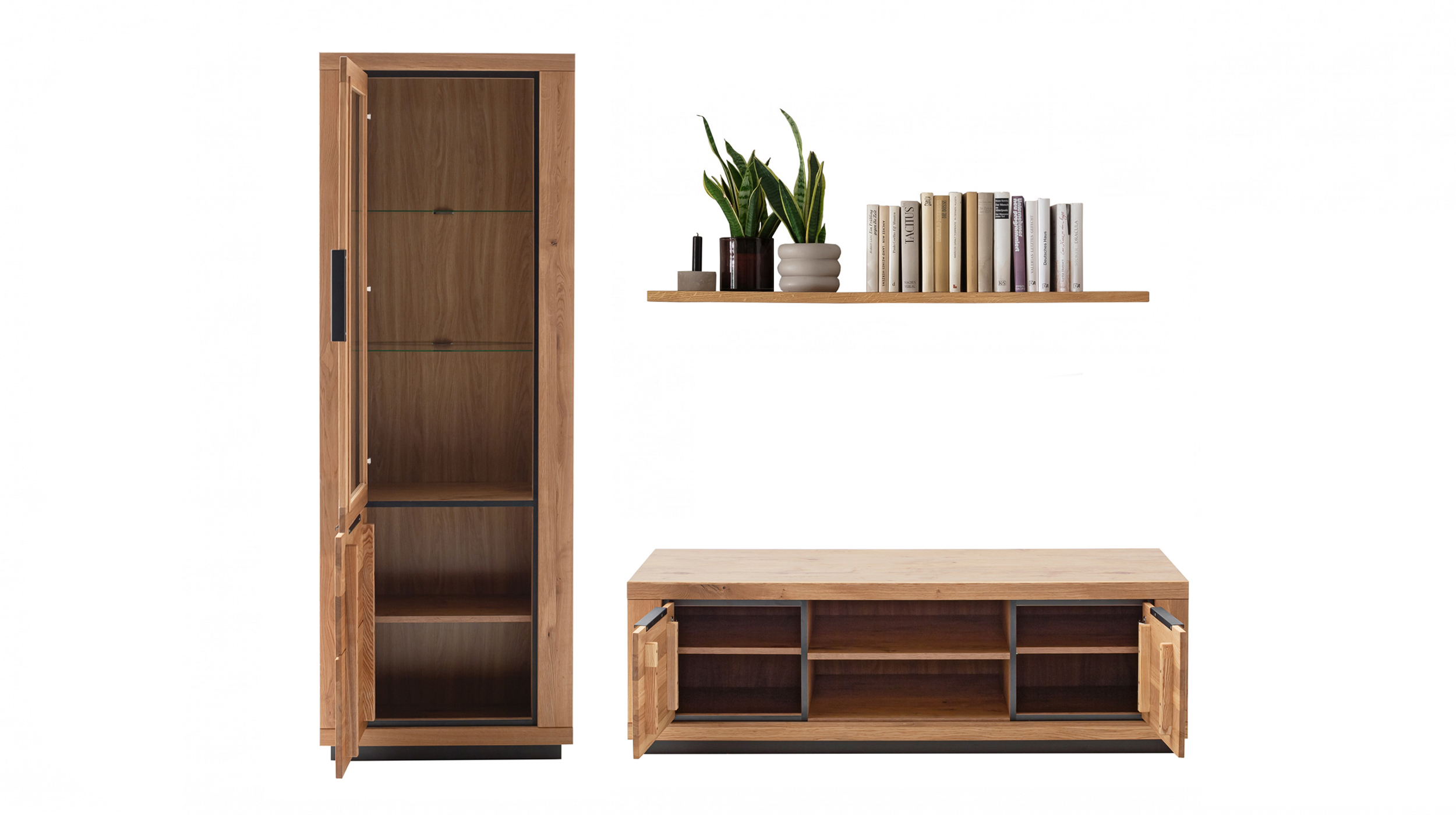 Wohnzimmer-Set Wildeiche 3-teilig mit Vitrine und TV-Lowboard - GRENO