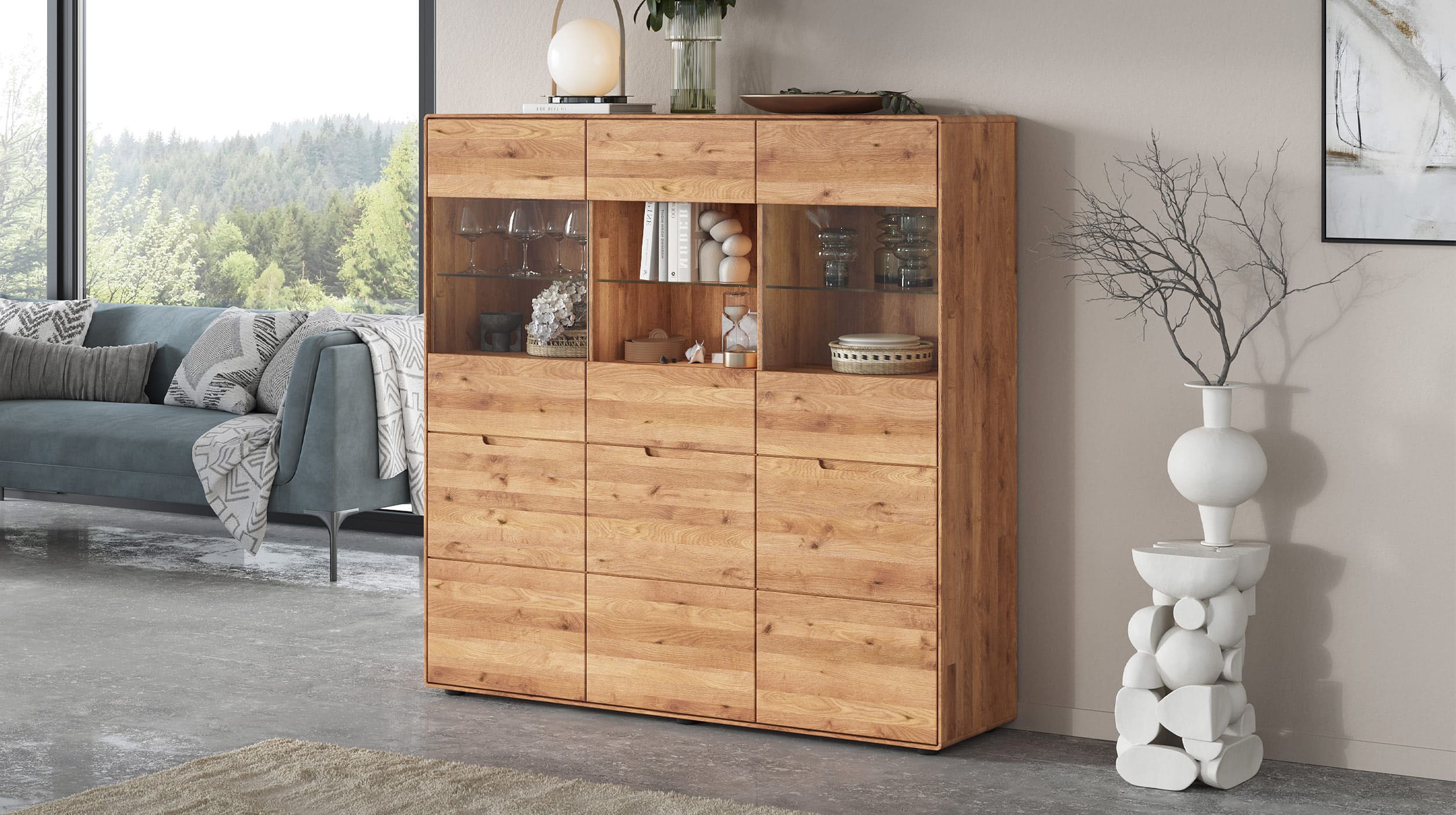 Highboard mit Glastüren Wildeiche massiv 149 cm - LUCAS 