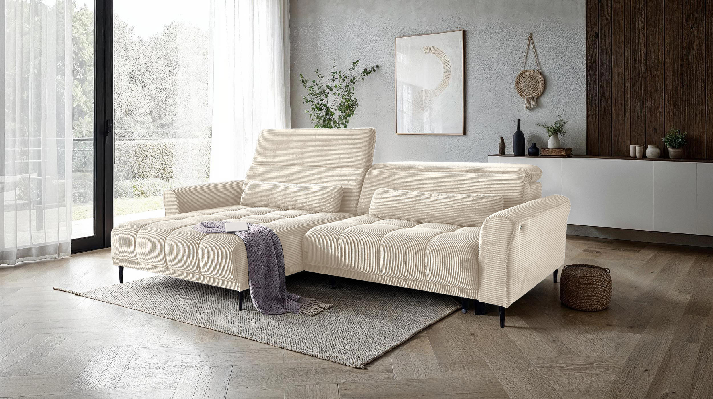 Ecksofa Cord beige ausziehbar - Sitztiefenverstellung - 277 cm - OT links - LOGAN