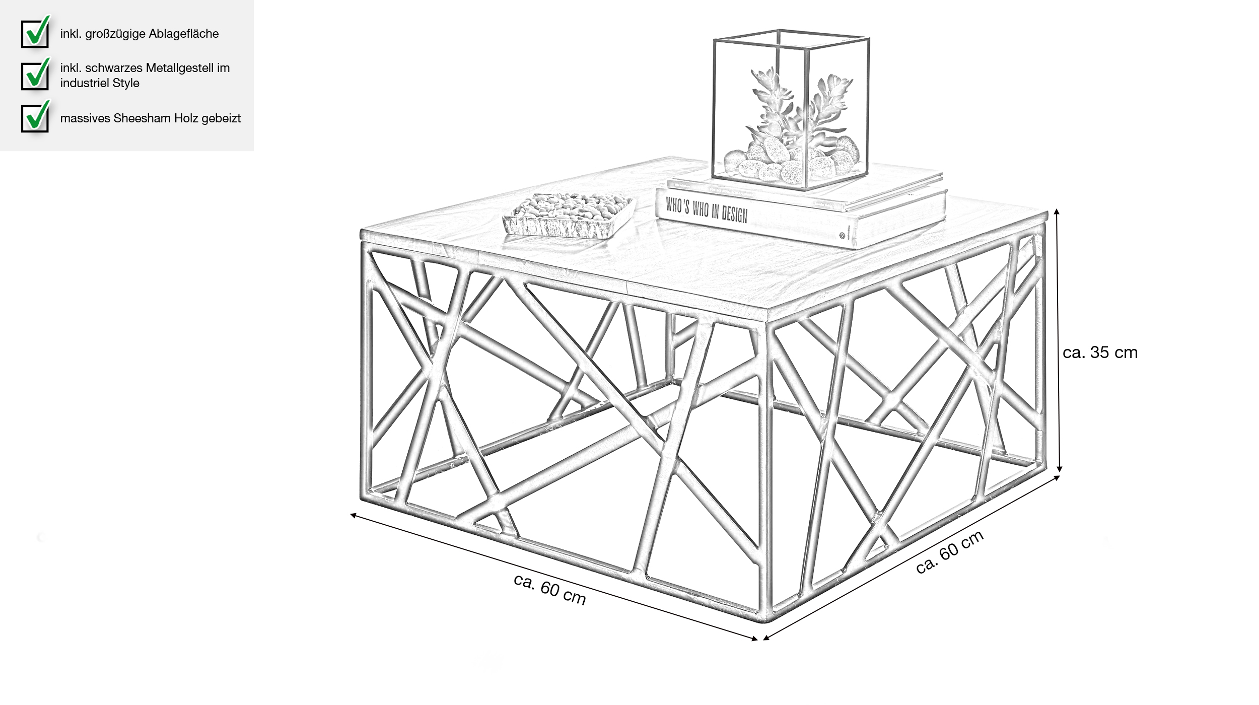 Couchtisch Sheesham massiv gebeizt 60 x 60 cm - BERGAL 