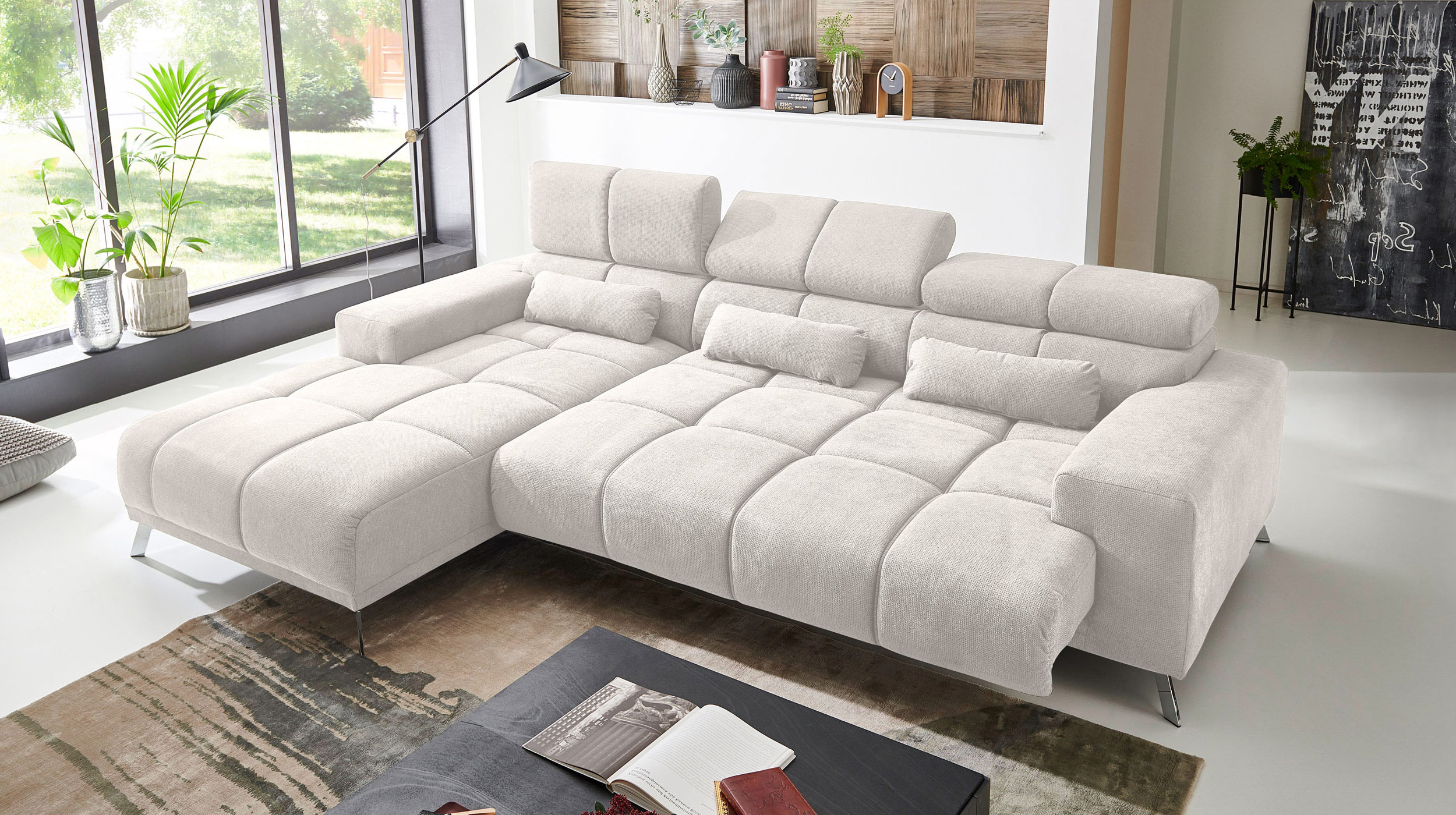 Ecksofa creme ausziehbar - Sitztiefenverstellung 285 cm - OT links - SPEED