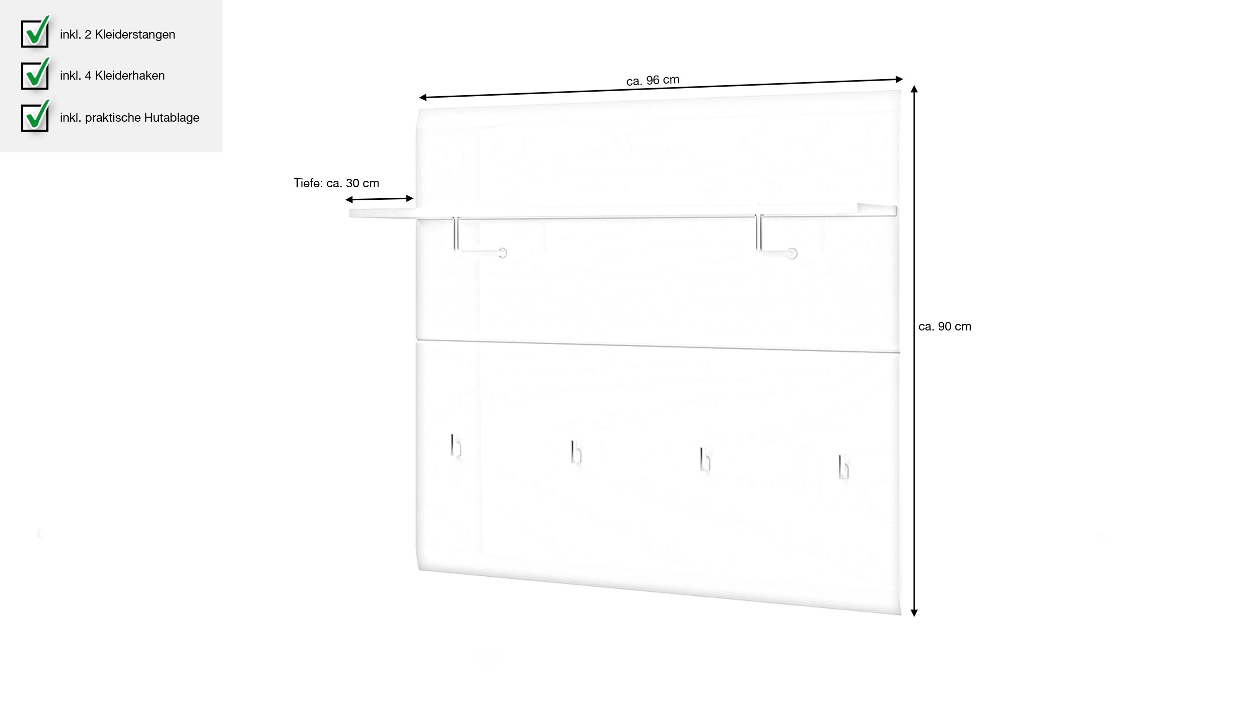 Wandgarderobe Paneel weiß hochglanz 96 cm - MERANO 