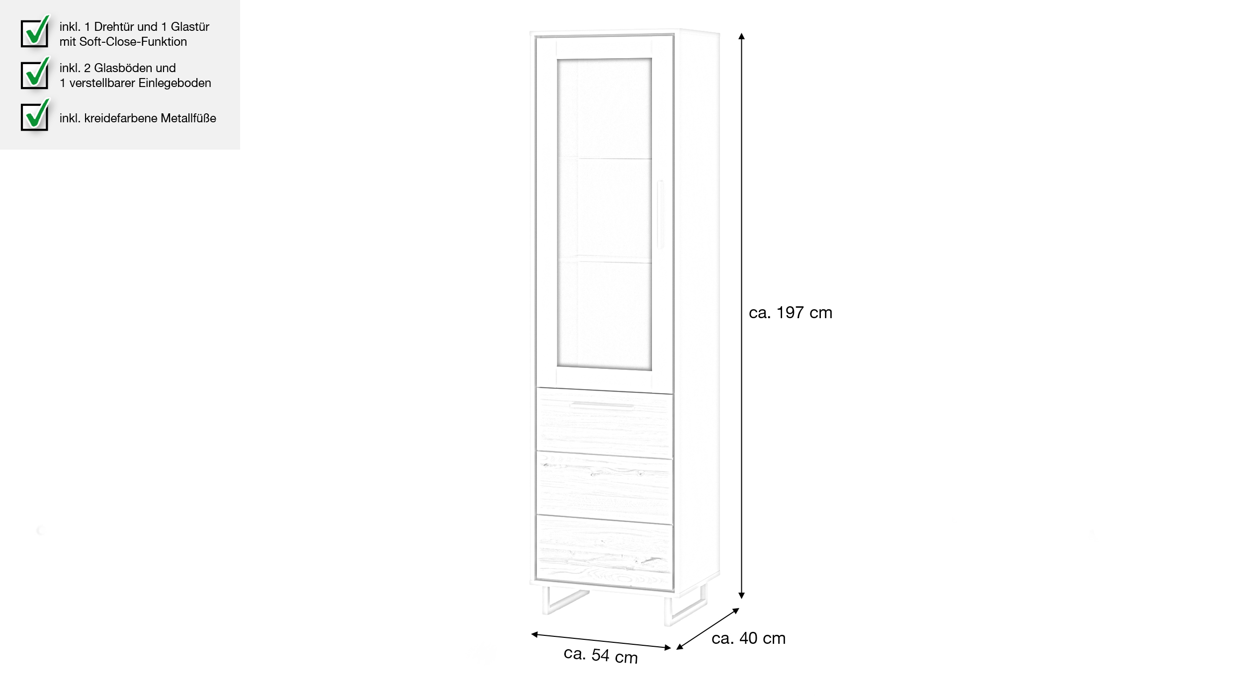Vitrine mit Glastür Eiche teilmassiv geölt Breite 54 cm - KAI 