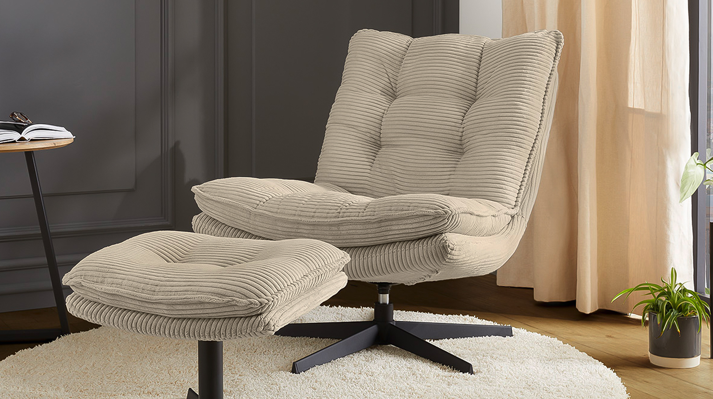 Relaxsessel mit Hocker grau Cord - drehbar - KASPER