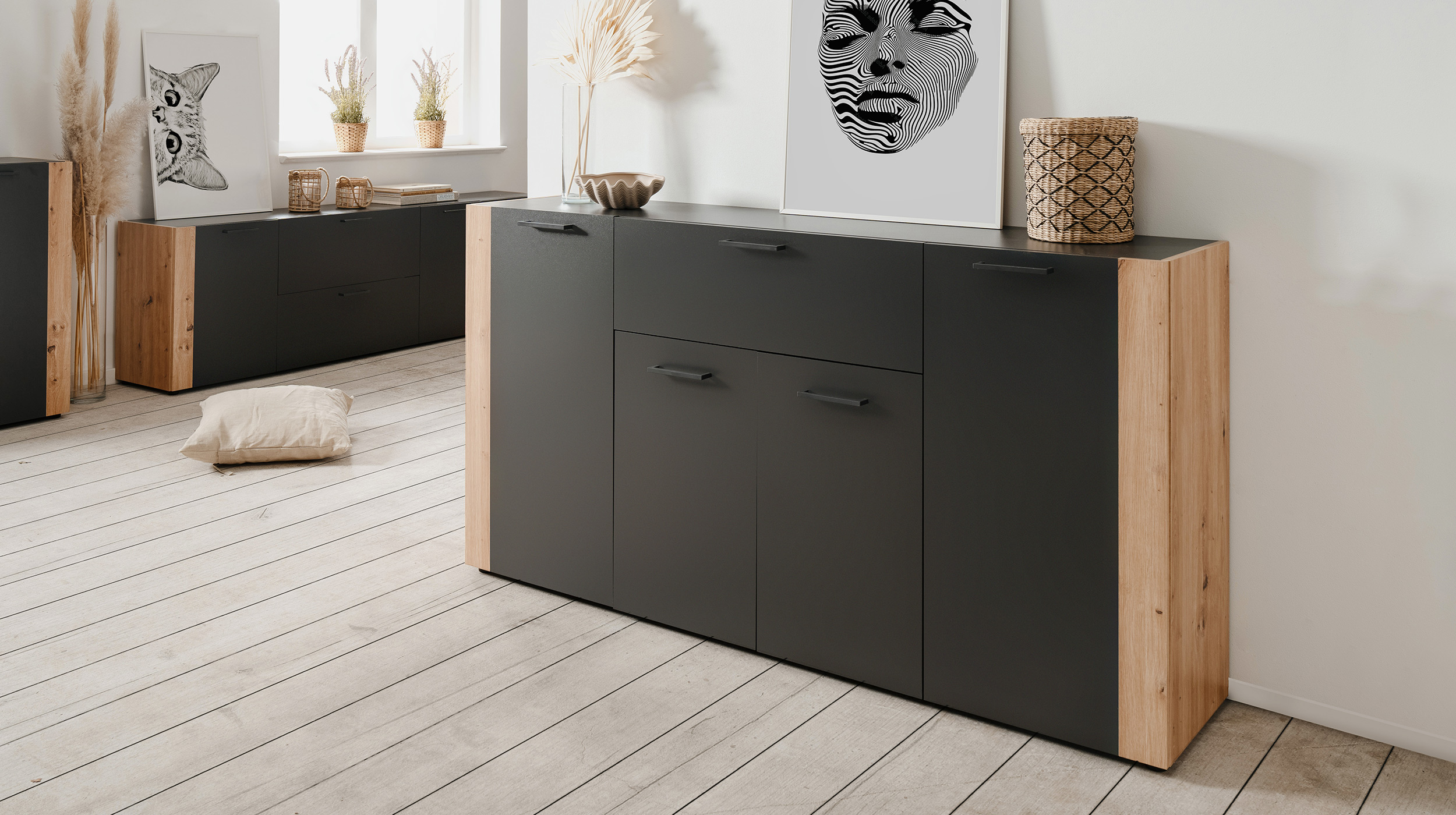 Sideboard mit Schublade anthrazit Artisan Eiche 162 cm - CENTO 