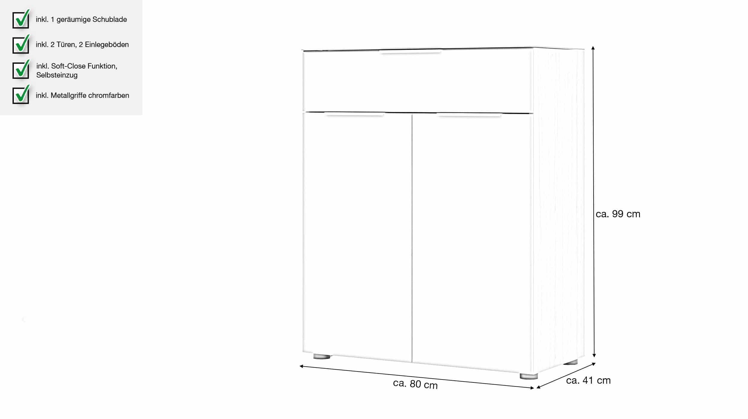 Kommode mit Schublade beige Glasfront Eiche 80 cm - SANTORIN