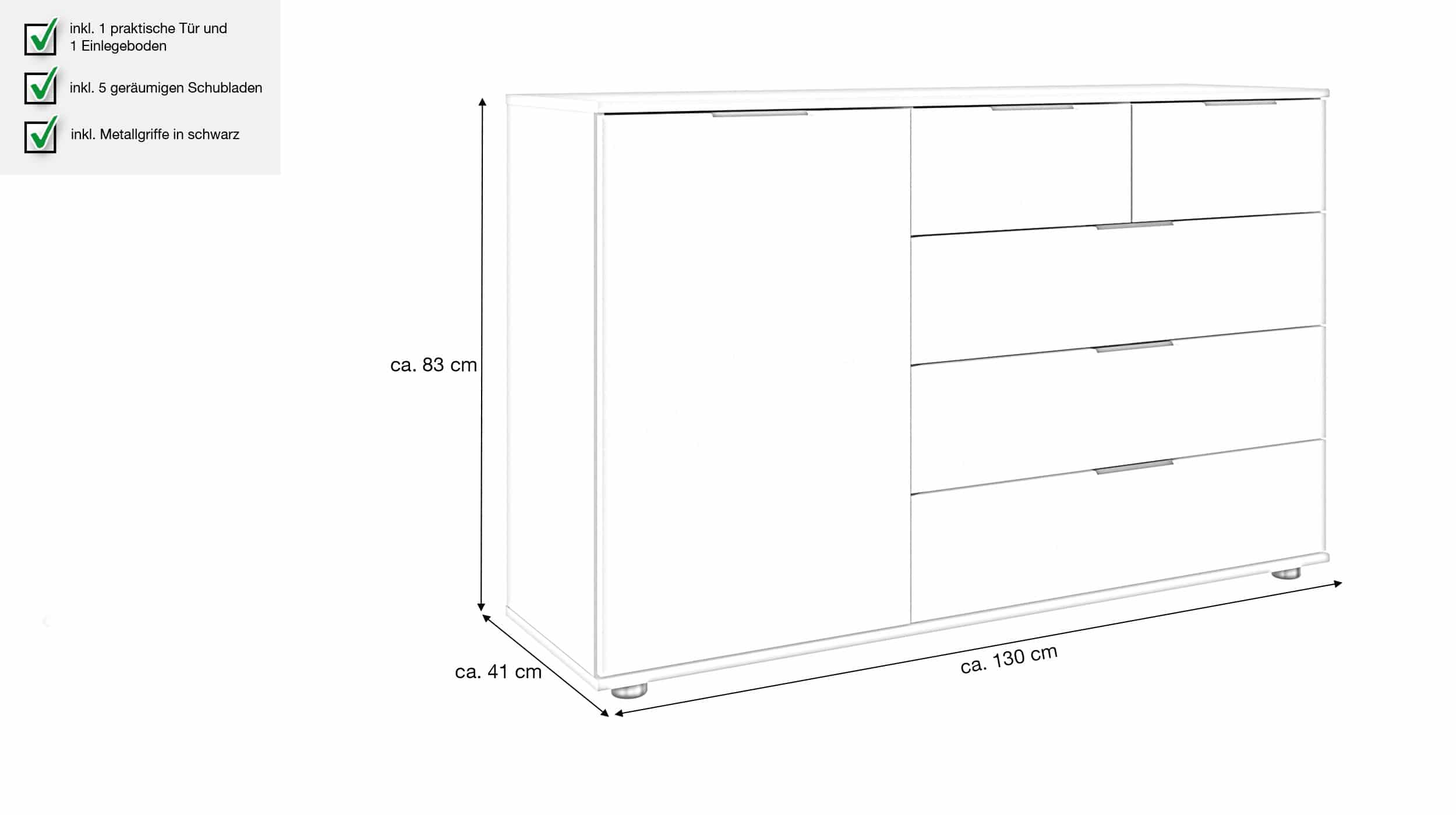 Sideboard mit 5 Schubladen grau 130 cm - SAIGON