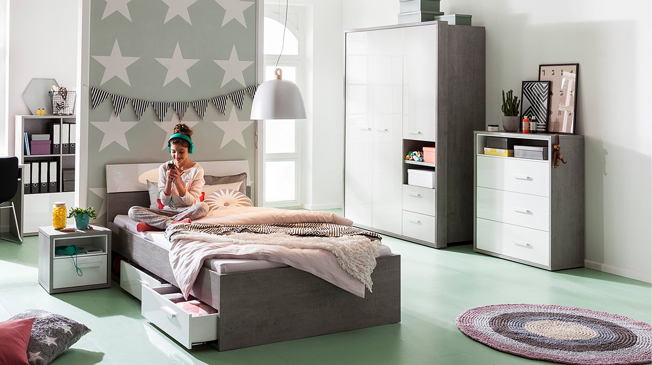 Kleiderschrank betonoptik - weiß - 154 cm - MIPIACE