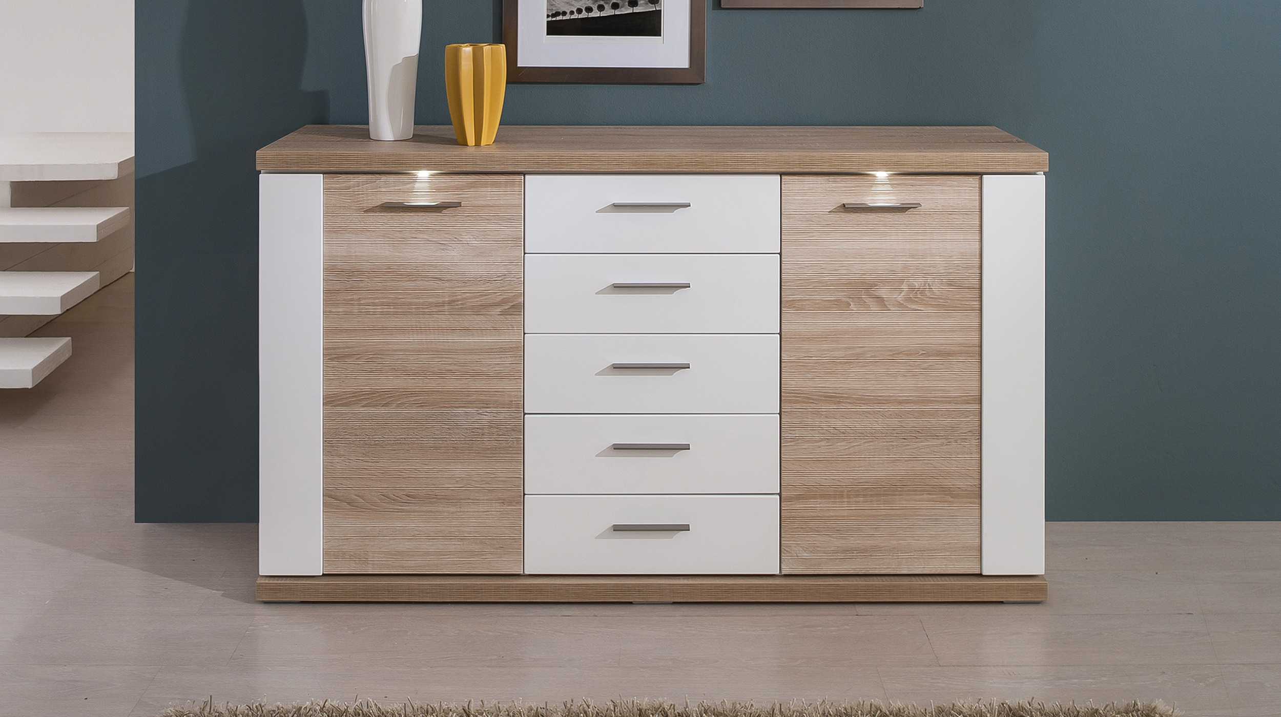 Sideboard mit Beleuchtung Eiche - weiß hochglanz 156 cm - MANHATTAN