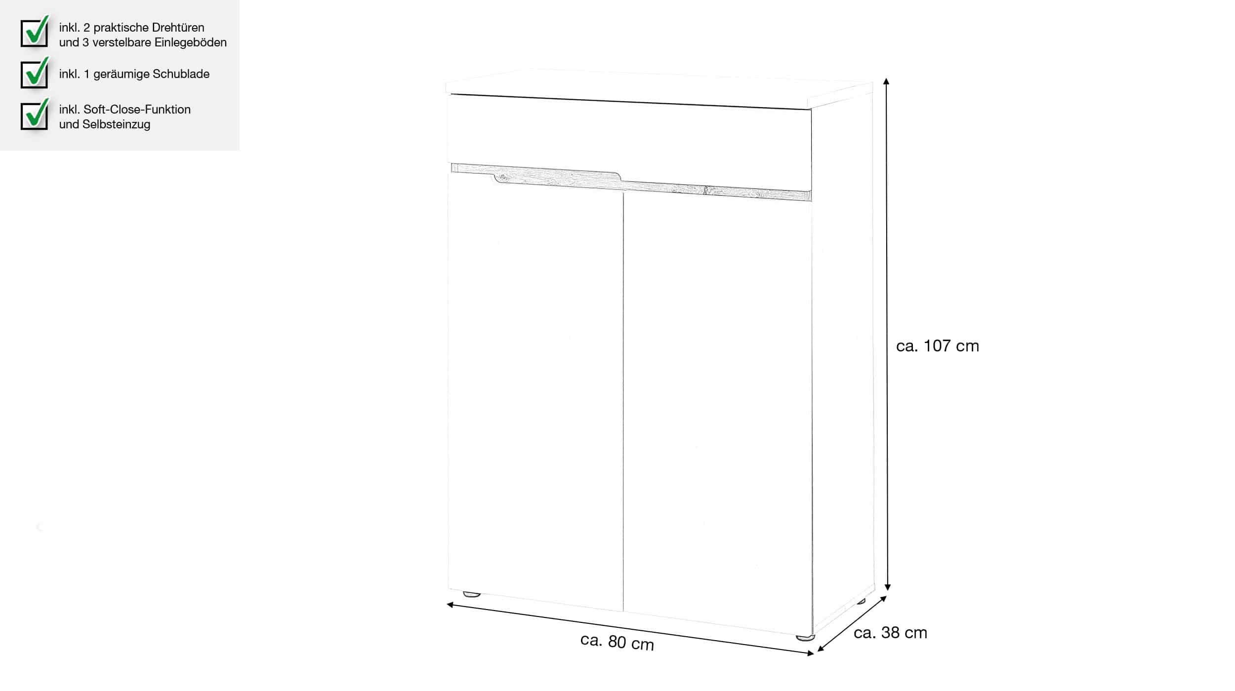 Schuhschrank mit Schublade weiß - Artisan Eiche 80 x 107 cm - MEMPHIS 