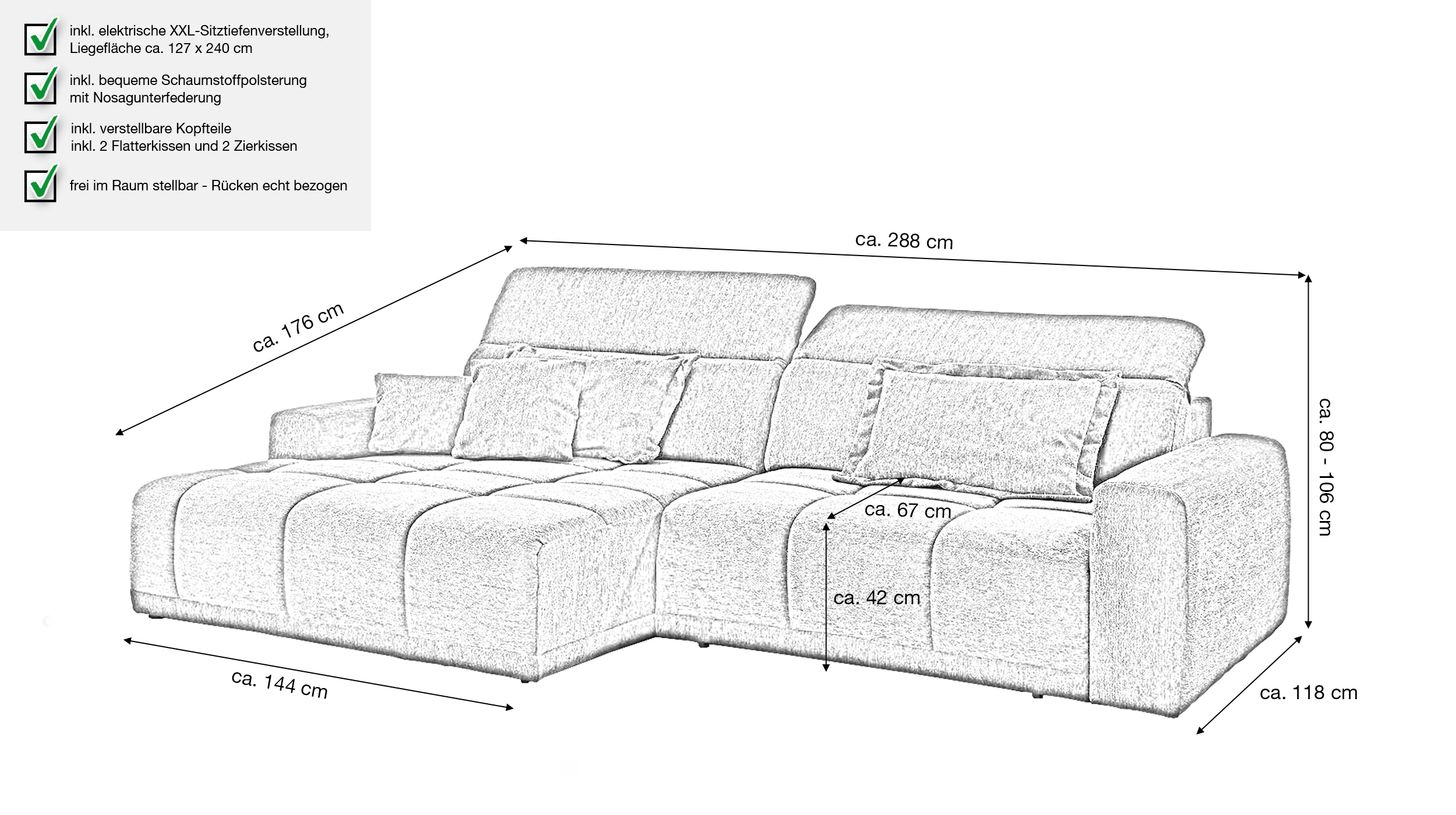 Ecksofa beige elektrisch ausfahrbar 288 cm - OT links - BROOK