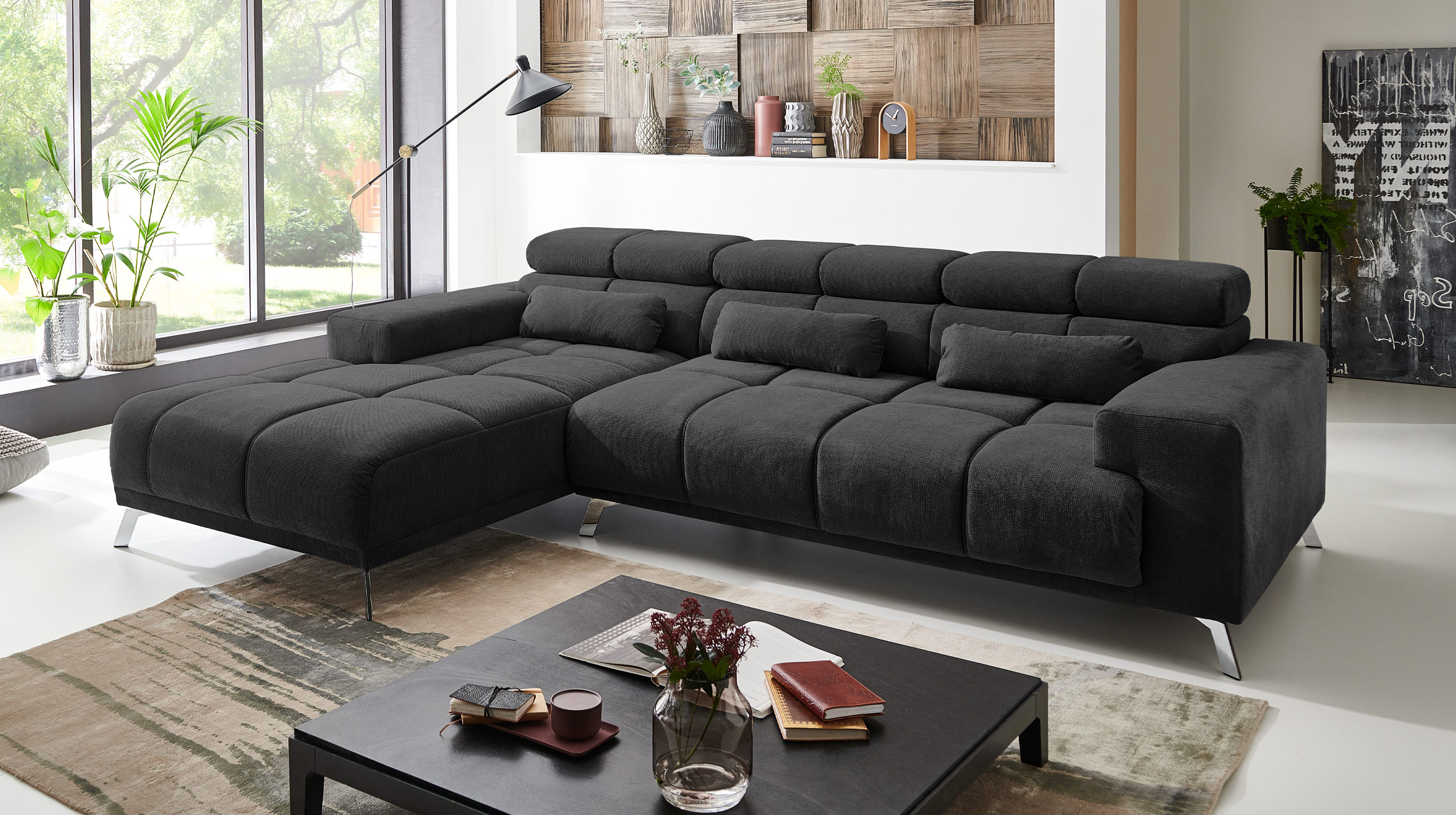 Ecksofa schwarz ausziehbar - Sitztiefenverstellung 285 cm - OT links - SPEED