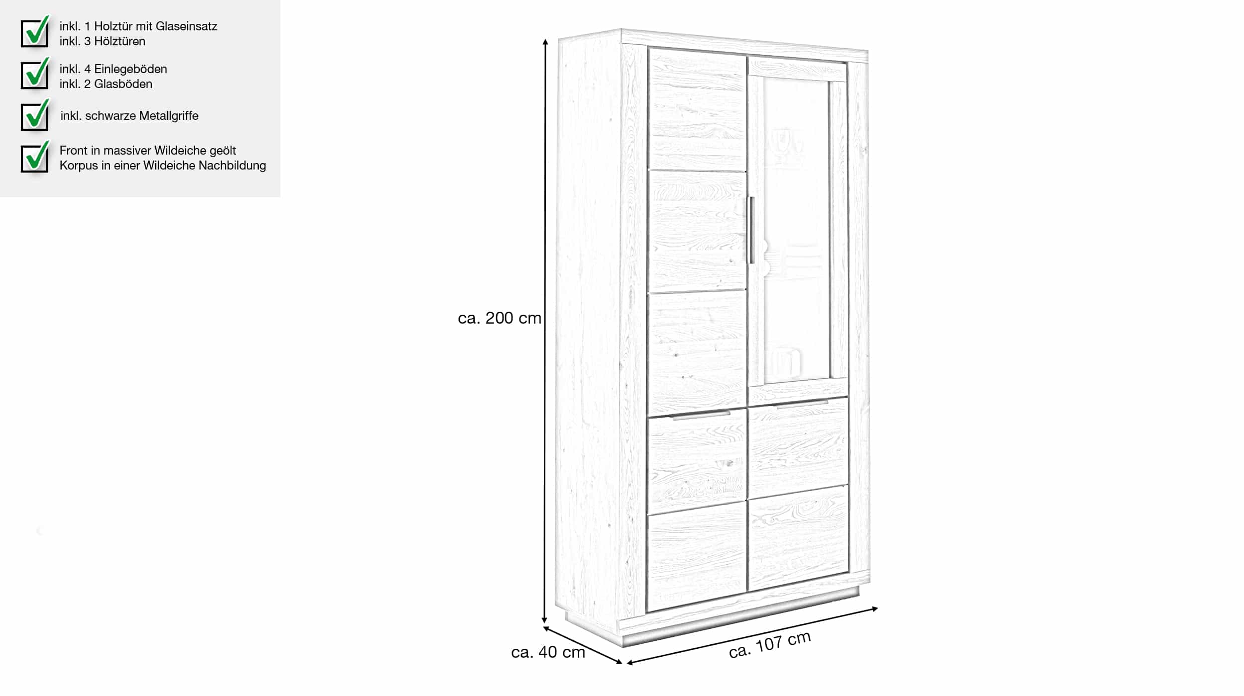 Vitrine mit Glastür Wildeiche teilmassiv geölt 107 cm - GRENO 