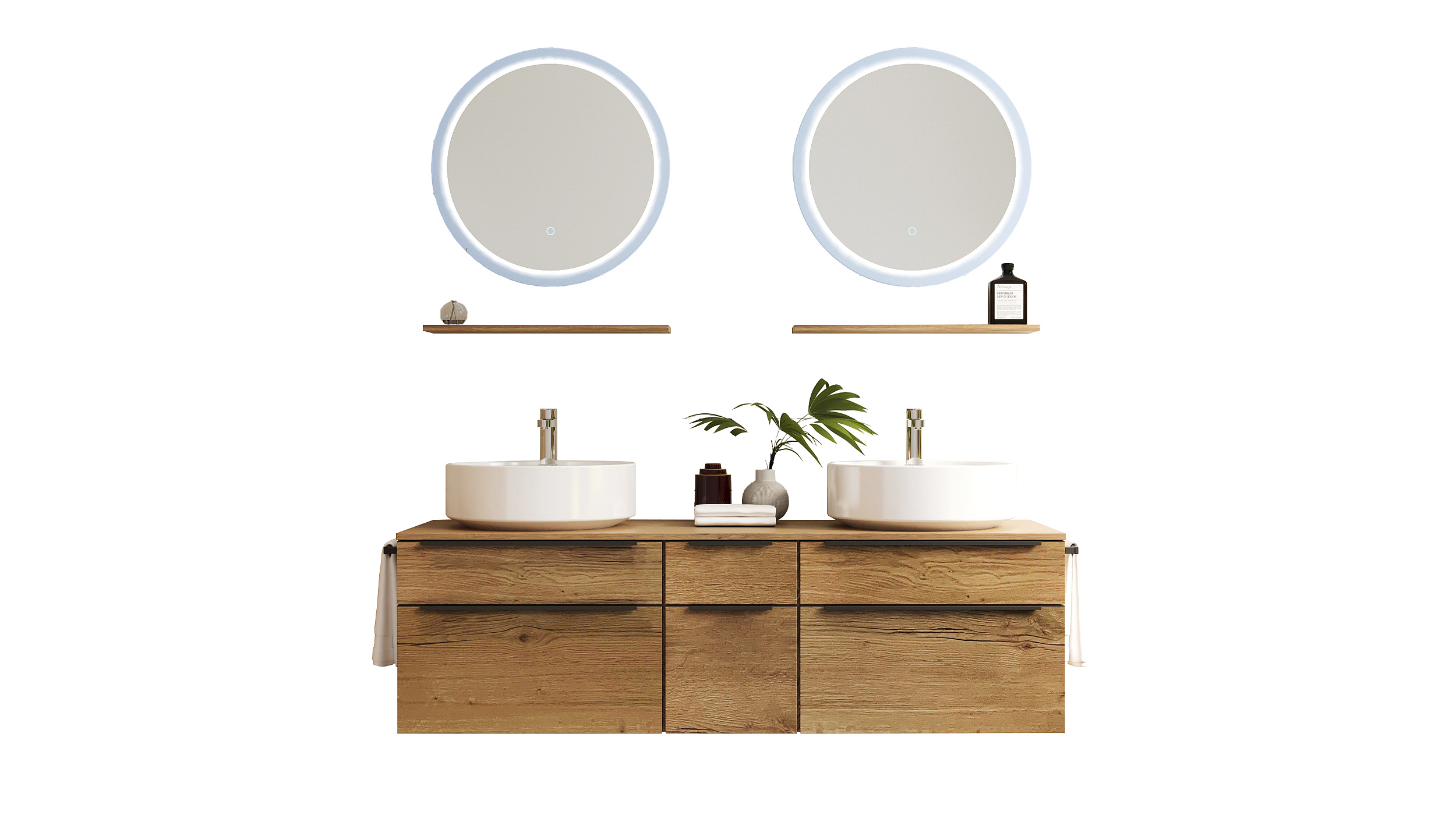 Badmöbel-Set Eiche - 7 Teile - Doppelwaschtisch 151 cm - SKYE