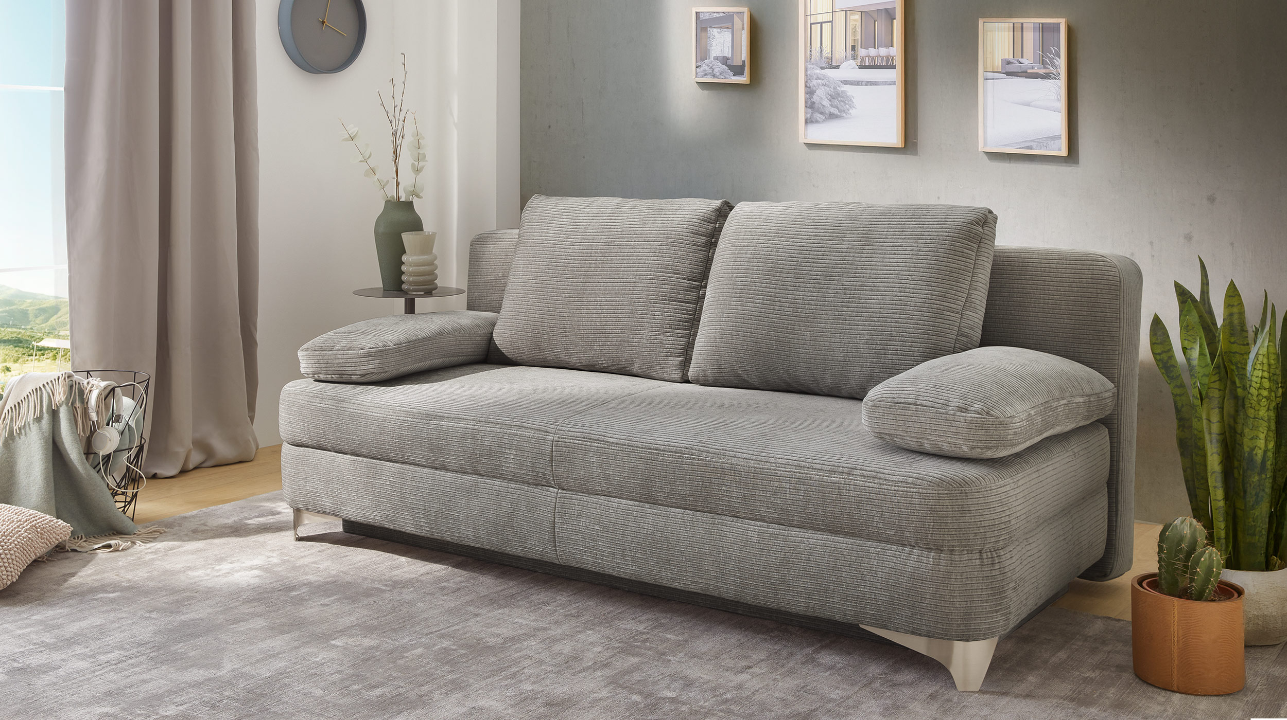 Schlafsofa Cord grau mit Bettkasten 204 cm - NOAH 