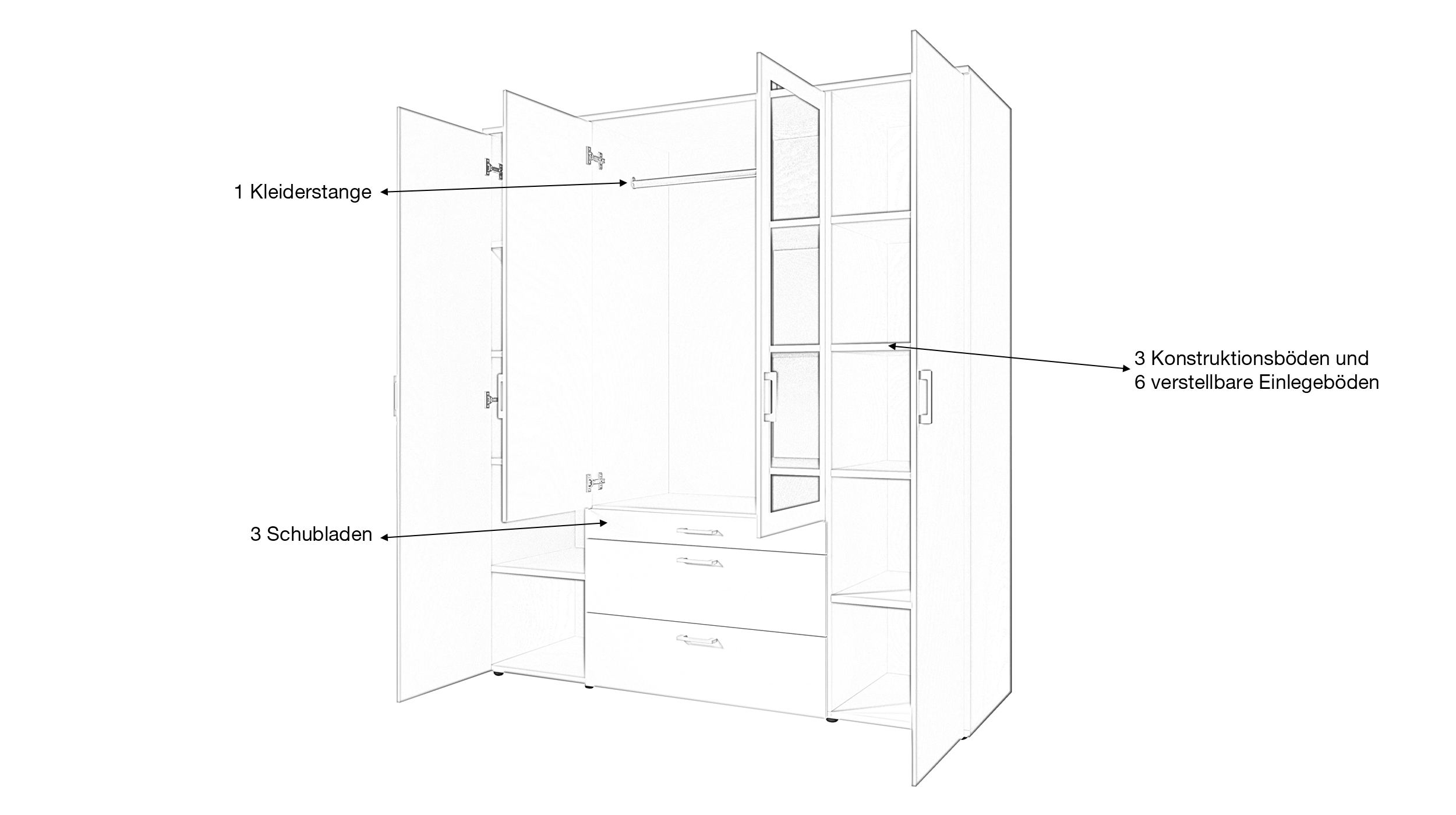 Kleiderschrank graphit mit Spiegel - 180 cm - 4-türig - VESALA