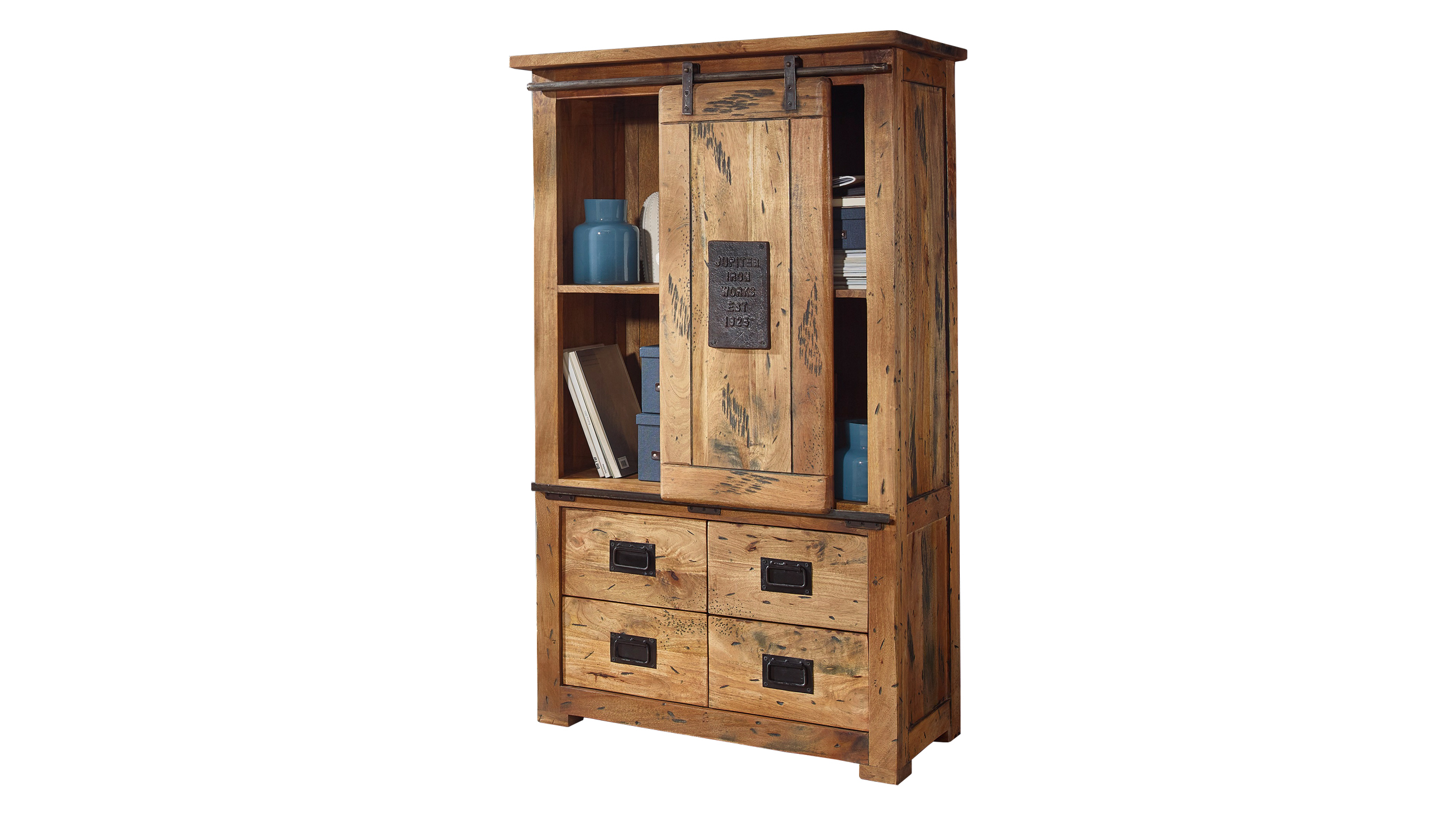 Highboard mit 1 Rolltür Mango massiv 90 cm - montiert - EMANUEL