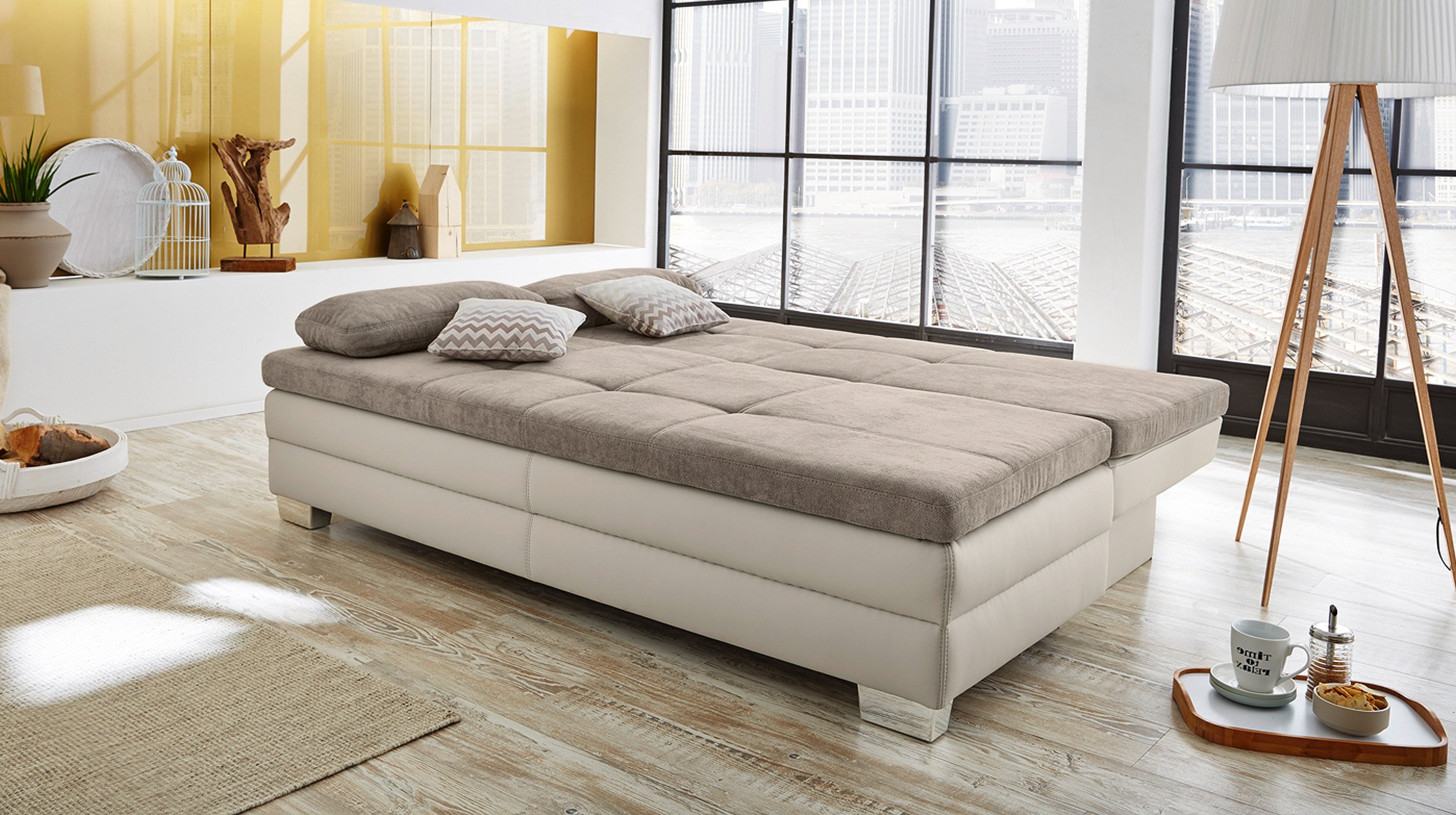 Schlafsofa beige Bettkasten Dauerschläfer Federkern 203 cm - LESLO