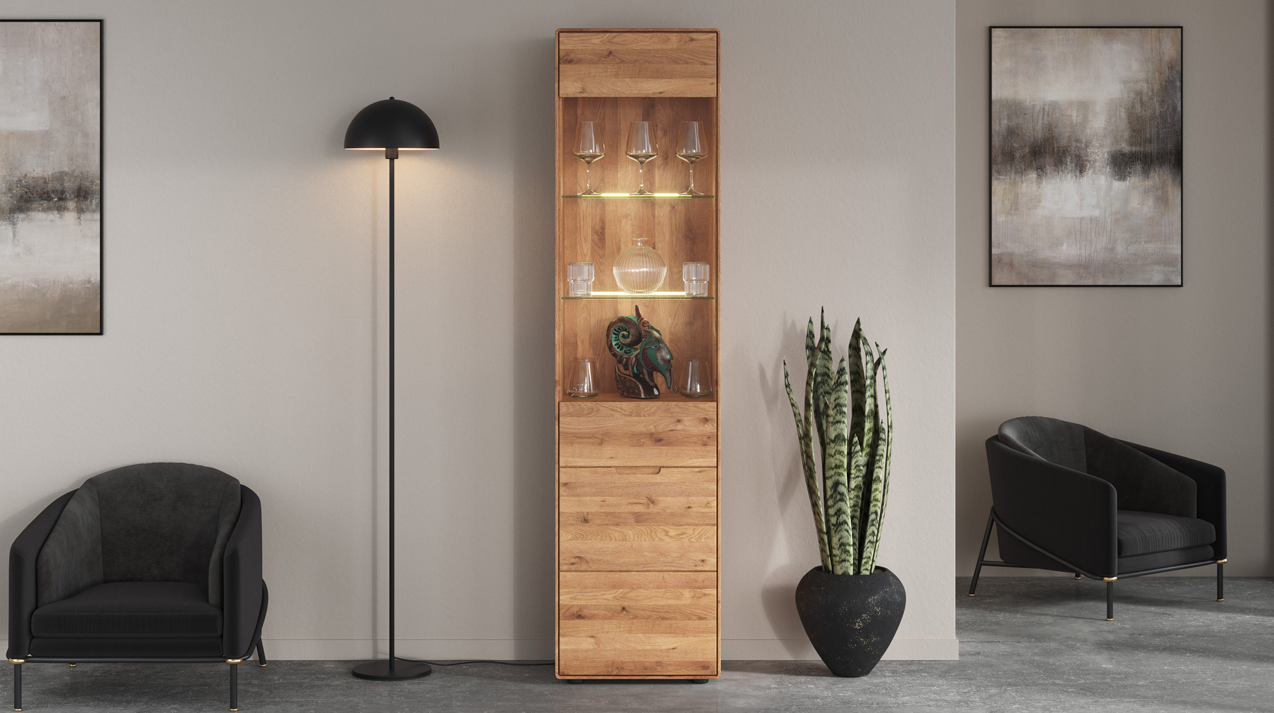 Vitrine mit Glastür Wildeiche massiv Breite 51 cm - LUCAS