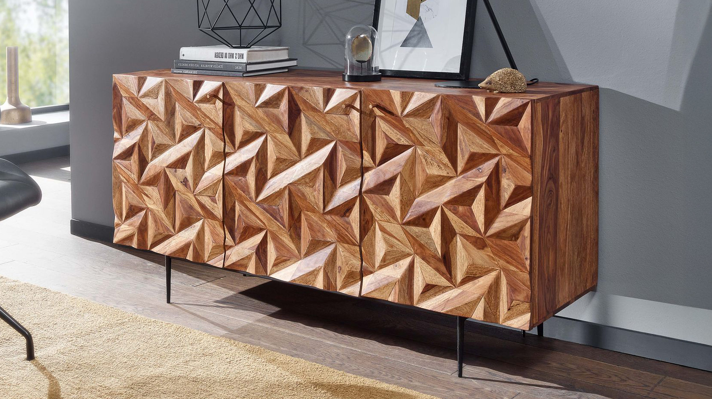 Sideboard Sheesham massiv gebeizt 144 cm - 3-türig - STEN