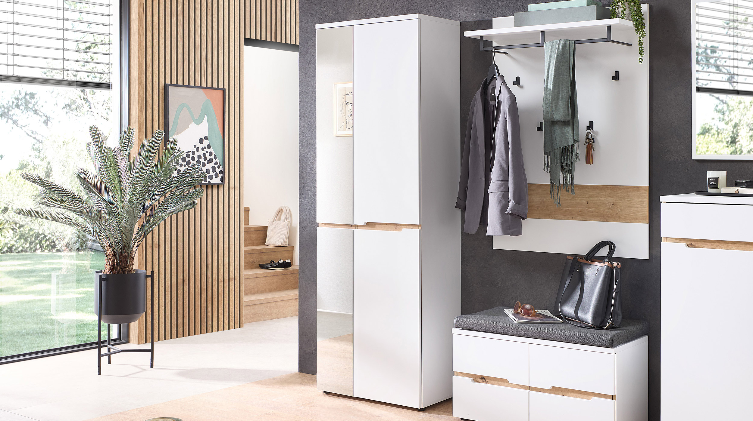 Garderobenschrank mit Spiegel weiß - Artisan Eiche 65 cm - MEMPHIS 