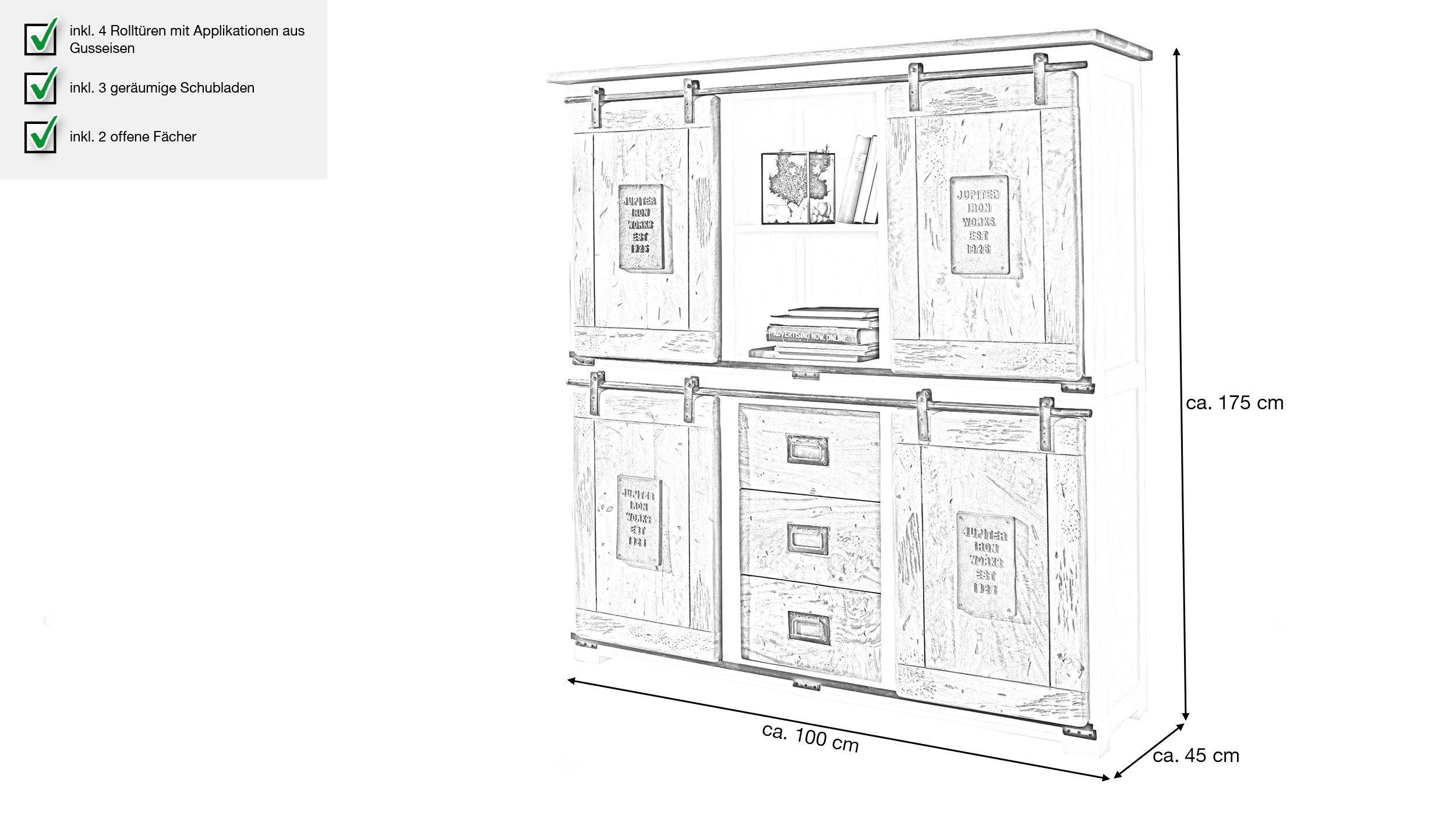 Highboard mit 4 Rolltüren Massivholz weiß Mango 150 cm - EMANUEL