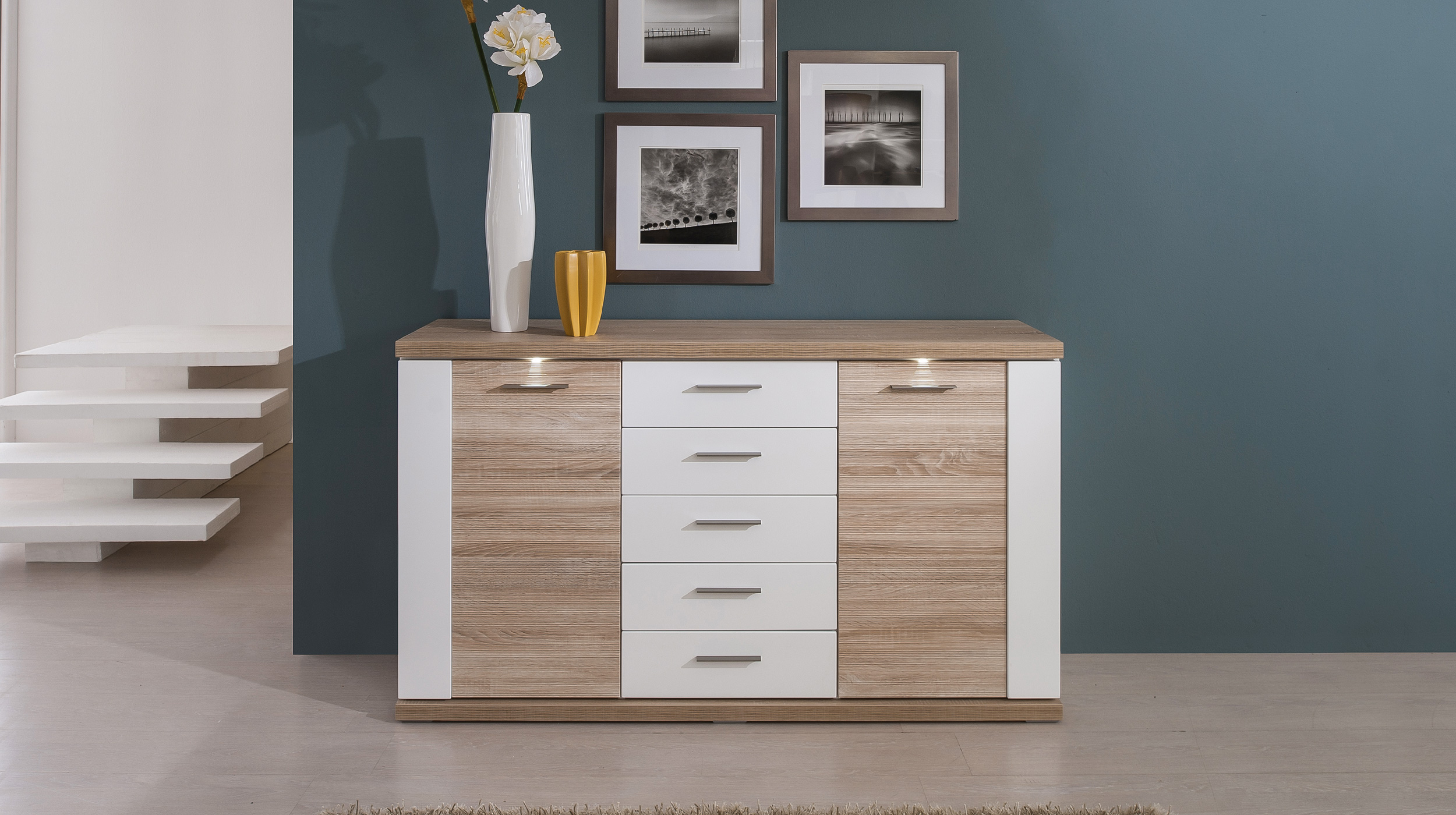 Sideboard mit Beleuchtung Eiche - weiß hochglanz 156 cm - MANHATTAN