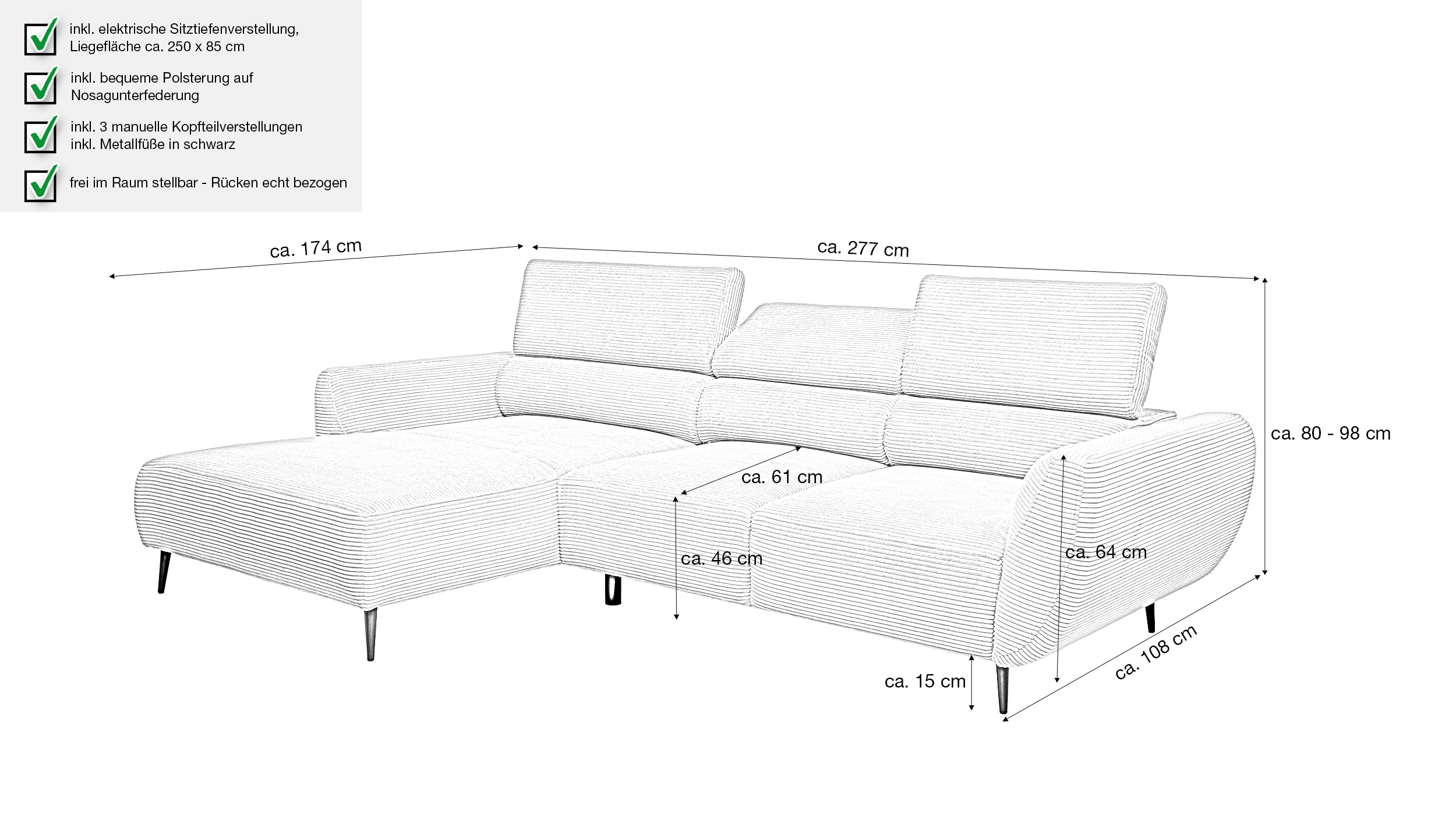 Ecksofa Cord beige elektrisch ausfahrbar 277 cm - OT- links - ALISSON