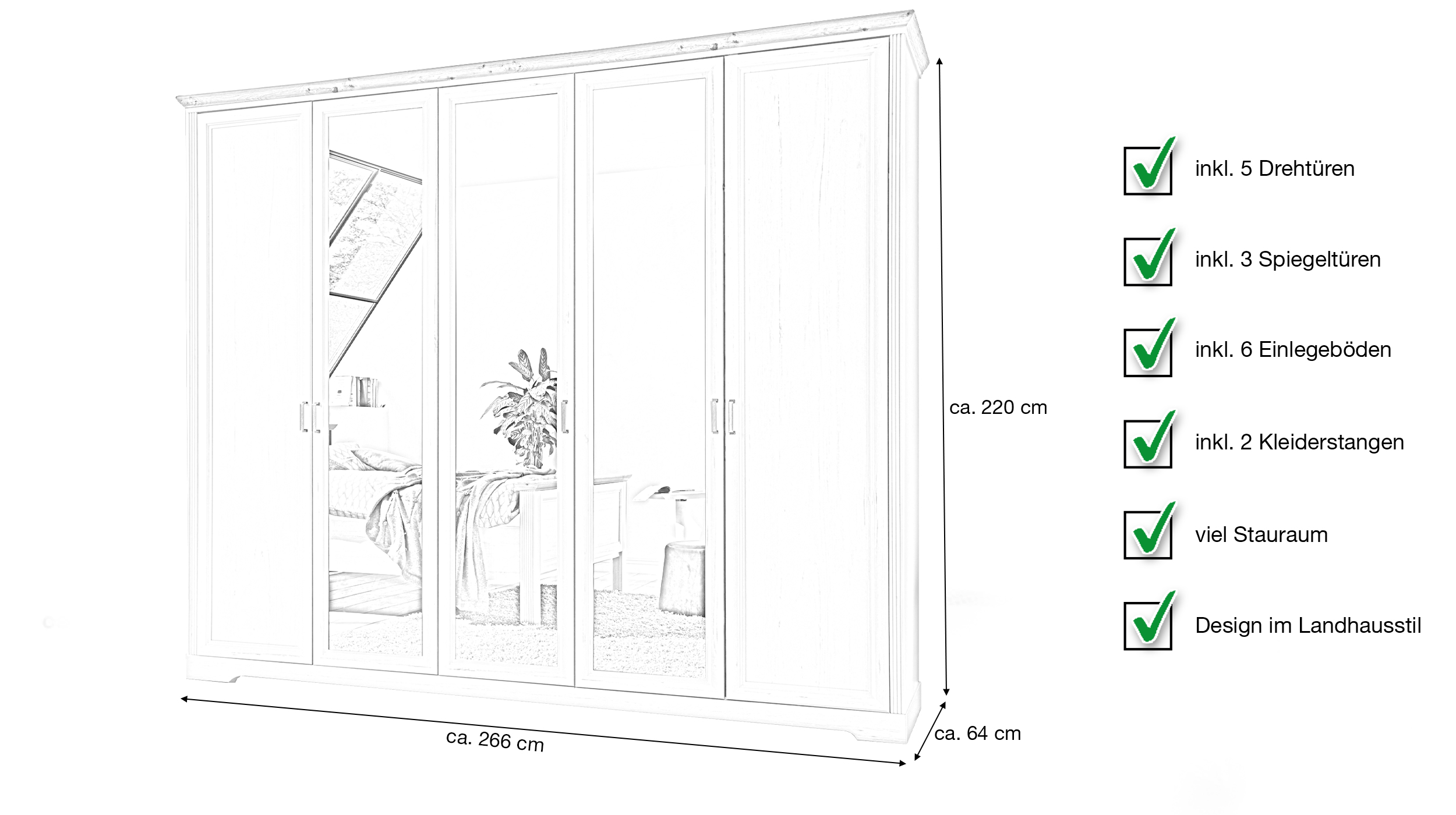 Kleiderschrank mit Spiegel - weiß - Artisan Eiche - 266 cm - JASMIN