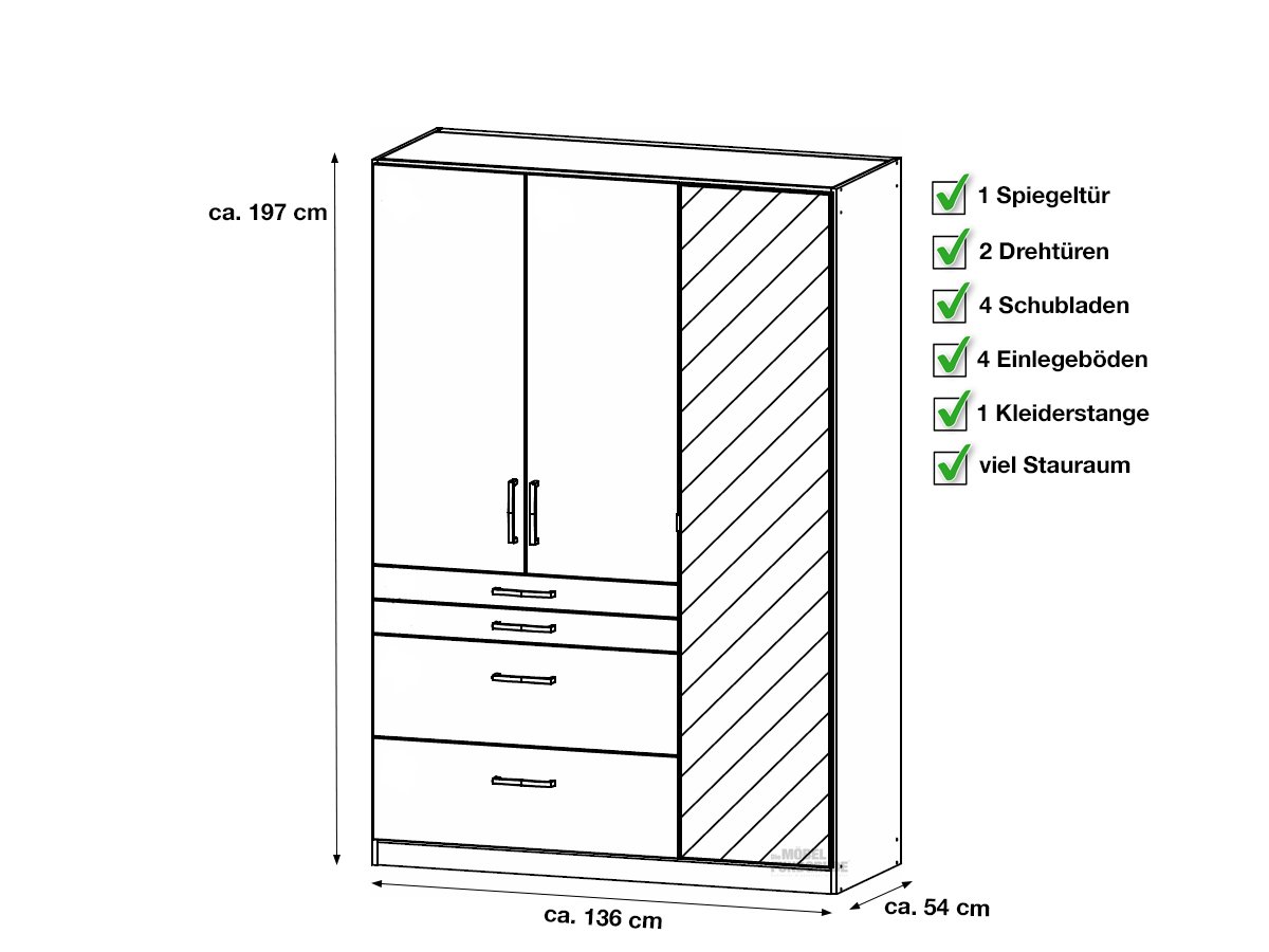 Kleiderschrank mit Spiegel - weiß hochglanz - 136 cm - rauch - Homburg