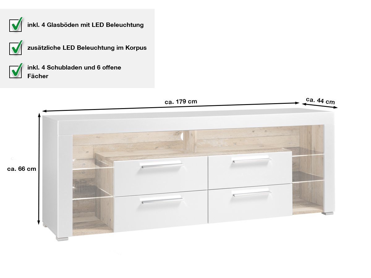 TV - Lowboard weiß hochglanz - Old Wood 179 cm - GOAL