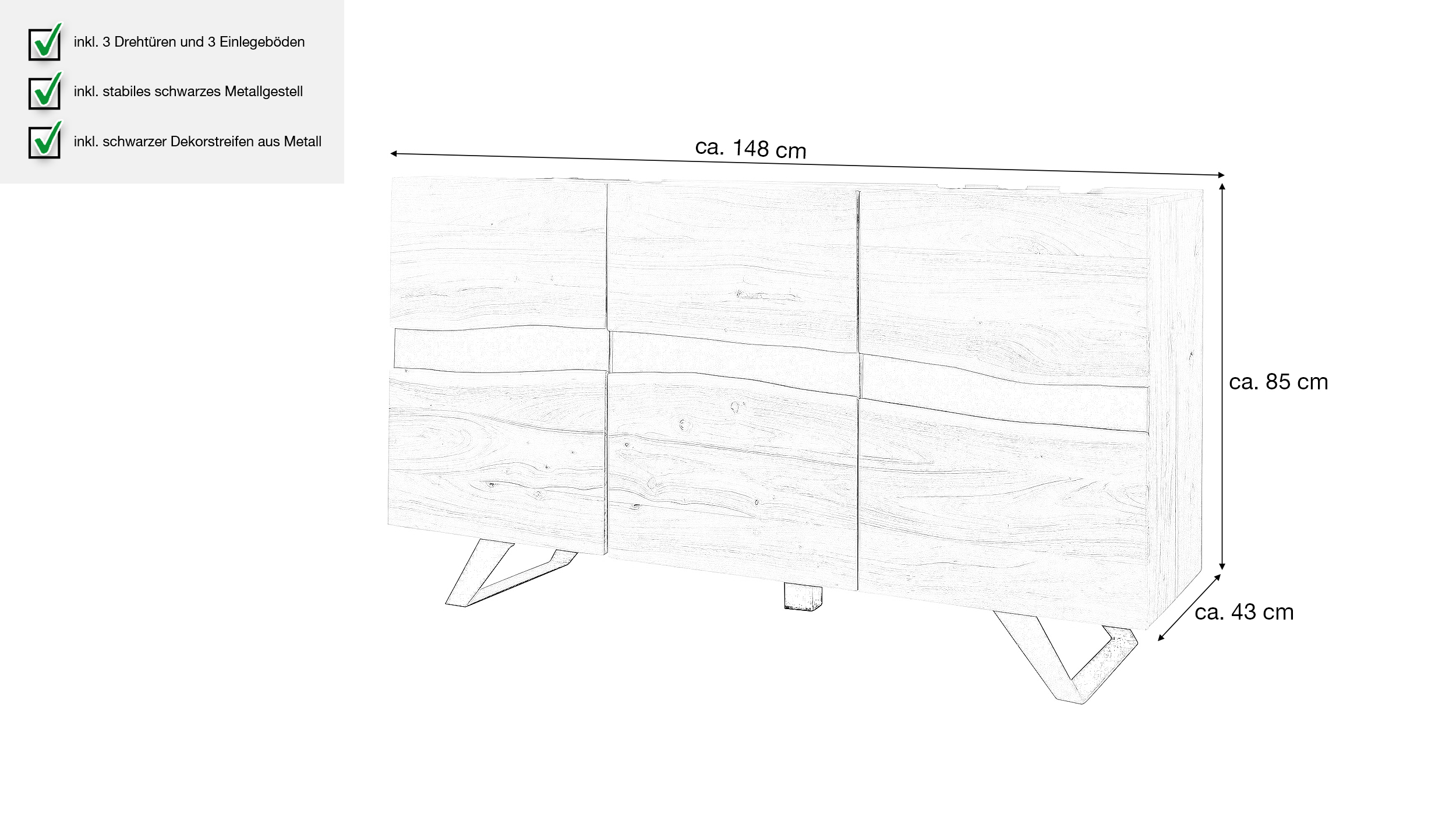 Sideboard Akazie massiv lackiert 148 x 43 cm 3-türig - ODIN 