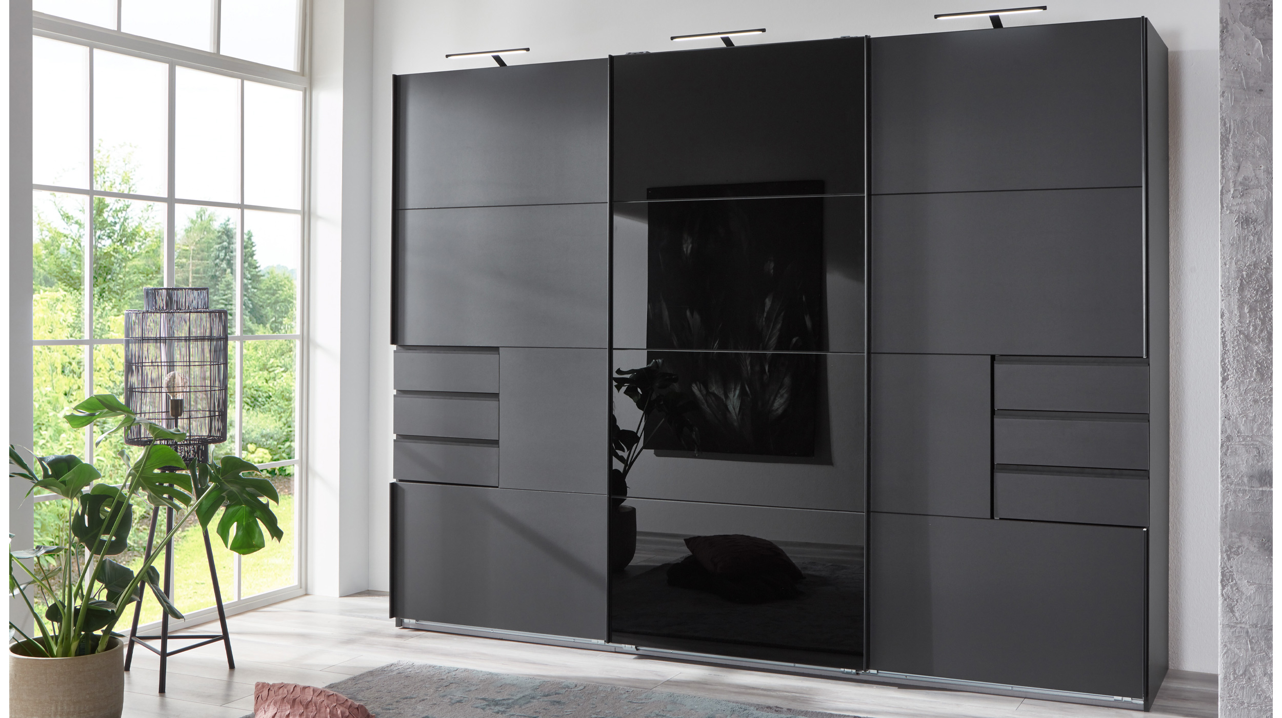 Schwebetürenschrank graphit - schwarz - Glasfront - 270 cm - SAIGON