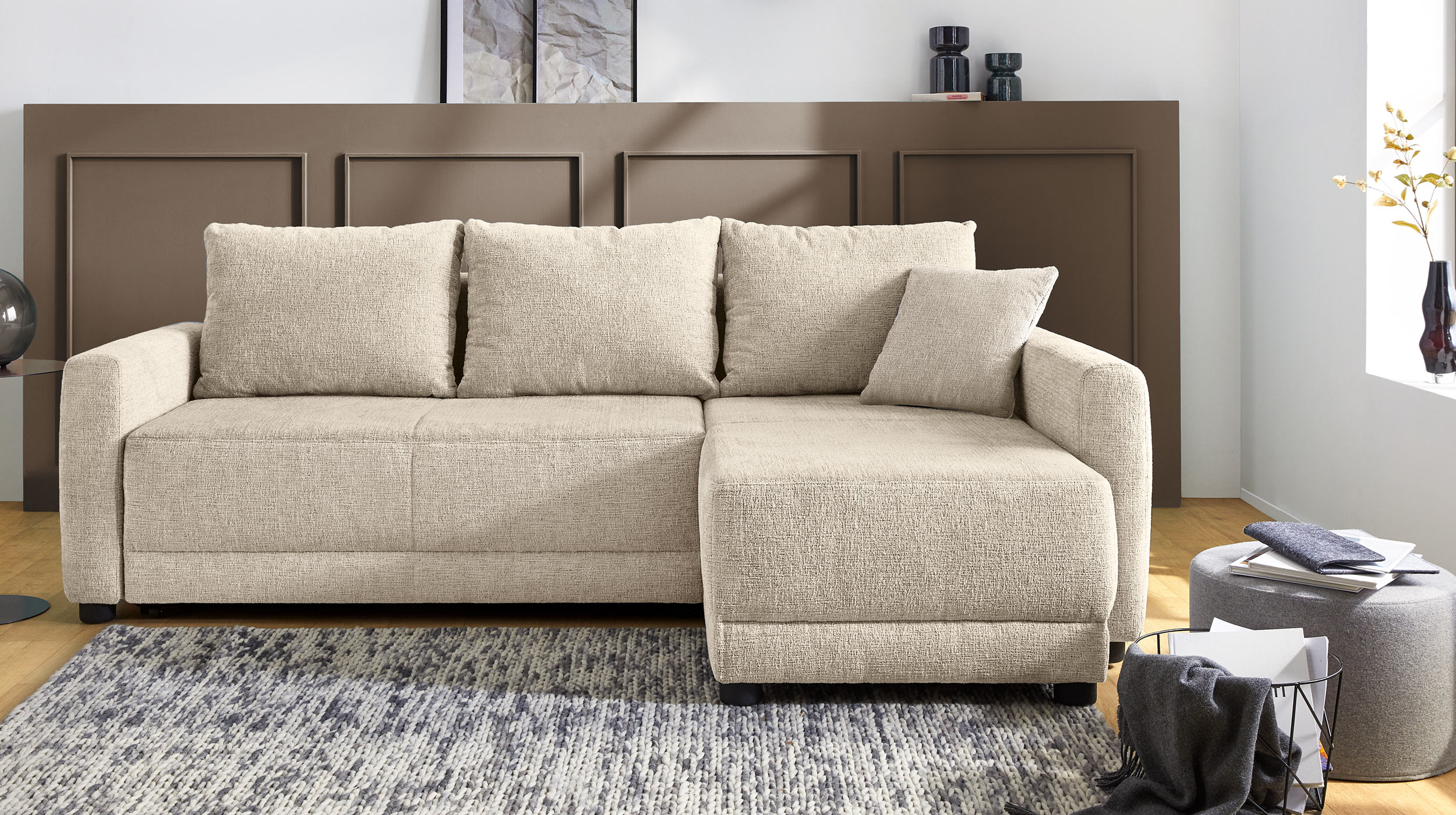 Ecksofa mit Schlaffunktion beige 232 x 154 cm Bettkasten - VENEZIA